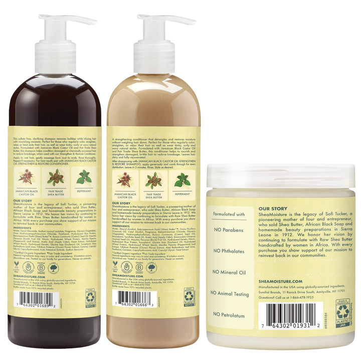 SheaMoisture Shampoo and Conditioner Set for Curly Hair, Strengthen and Restore, 24 Fl Oz each + Leave In, 20 Oz, Jamaican Black Castor Oil, Apple Cider Vinegar, Organic Shea Butter