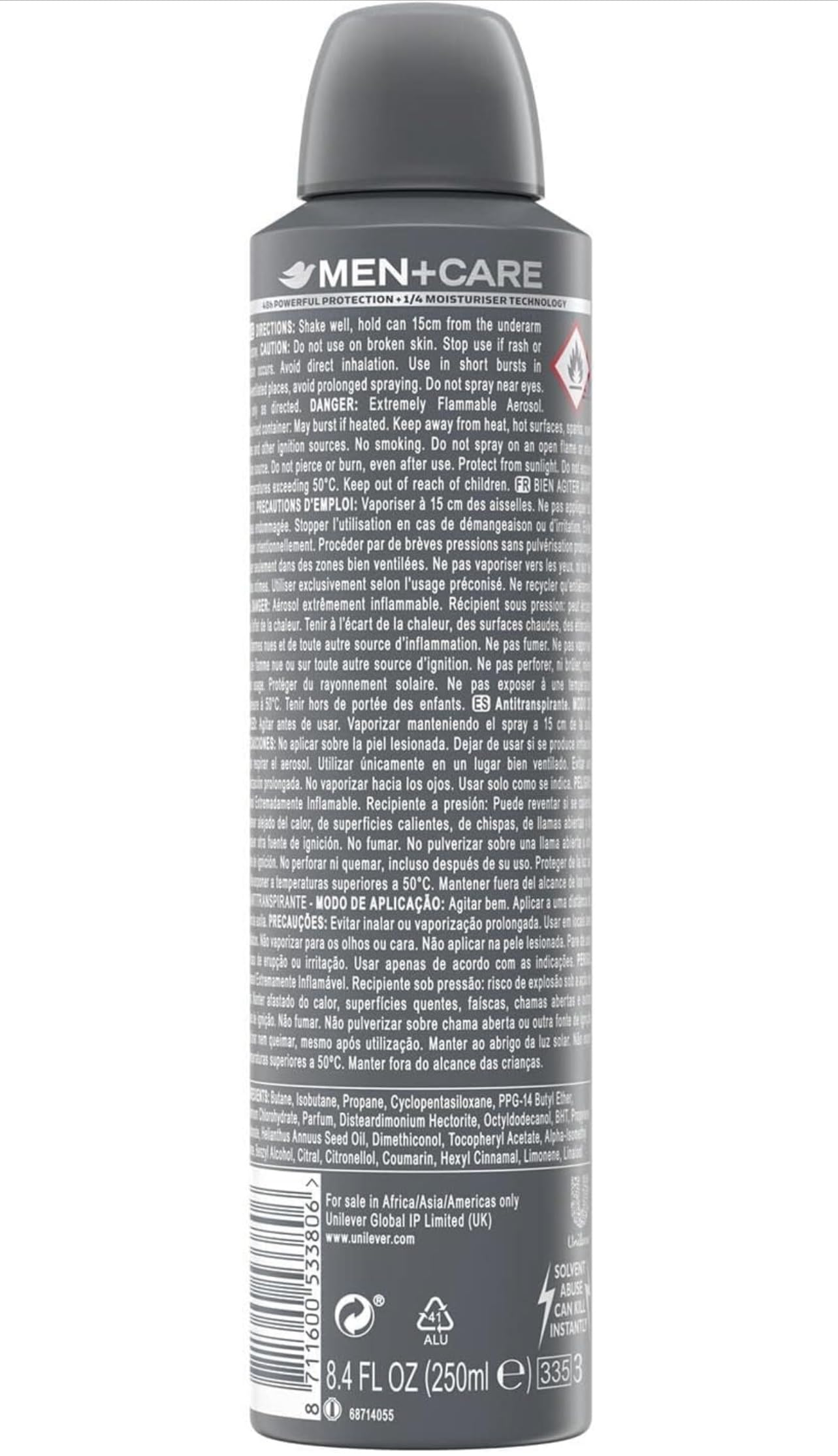 Dove Men Deodorant Aerosol Invisible Dry, Anti-irritation, Anti-White Marks, 48h Powerful Protection. 0% Alcohol, Big Size 254ml. 3pack