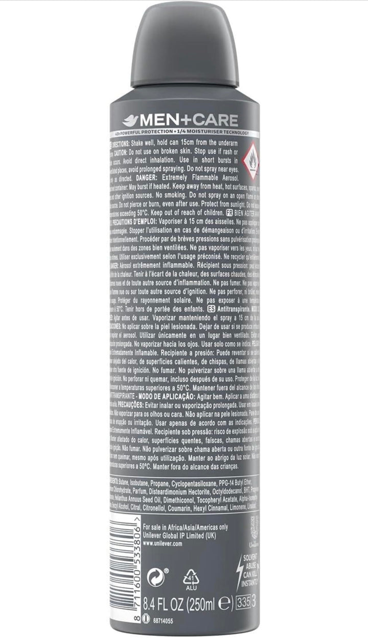 Dove Men Deodorant Aerosol Invisible Dry, Anti-irritation, Anti-White Marks, 48h Powerful Protection. 0% Alcohol, Big Size 254ml. 3pack