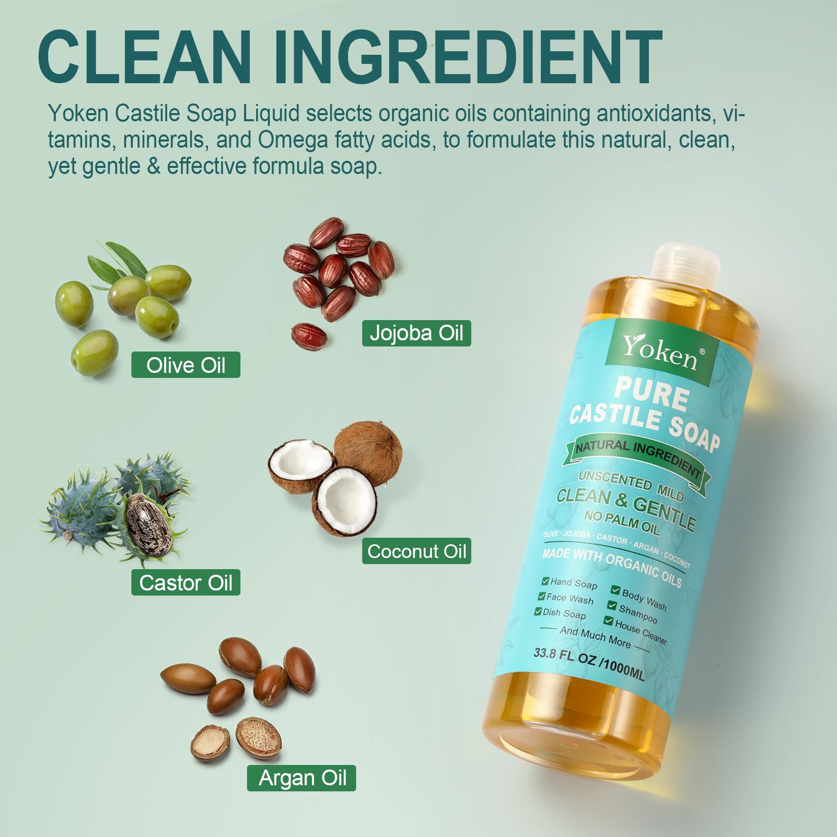 Yoken Pure Castile Soap Liquid Unscented 67 fl oz Castile Liquid Soap Made With Organic Oil, Clean & Gentle, No Palm Oil,Vegan, Natural Castile Soap for Face Body Wash, Hand Soap, Dishes Multi-purpose