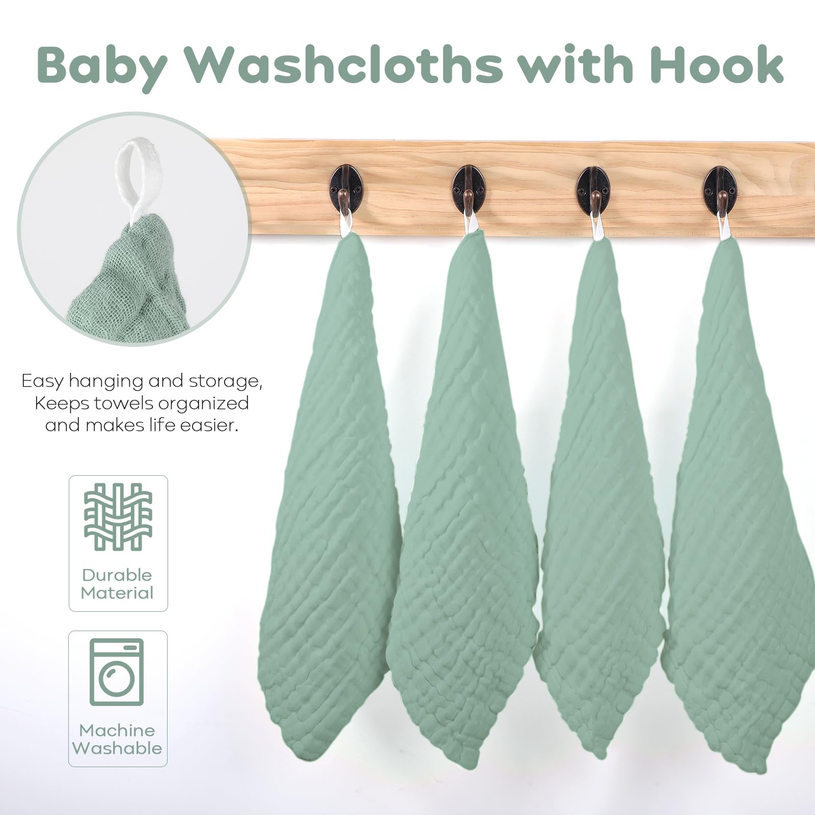 Yoofoss Muslin Baby Washcloths 100% Cotton Face Towels 10 Pack Wash Cloths for Baby 12x12in Soft and Absorbent Baby Wipes (Dark Green)