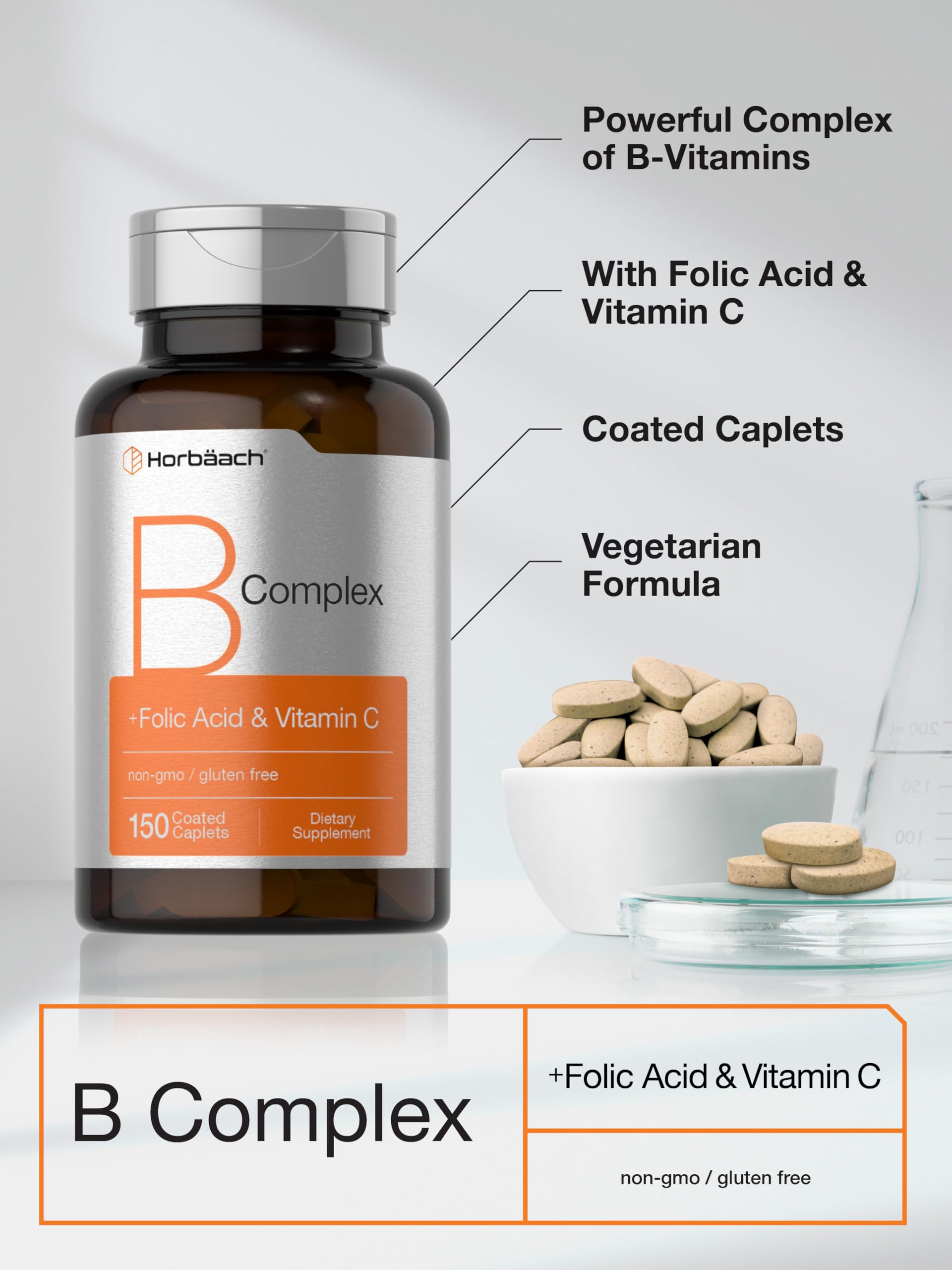 Horbäach B-Complex | 150 Caplets | Plus Folic Acid & Vitamin C | Non-GMO & Gluten Free Supplement for Men and Women