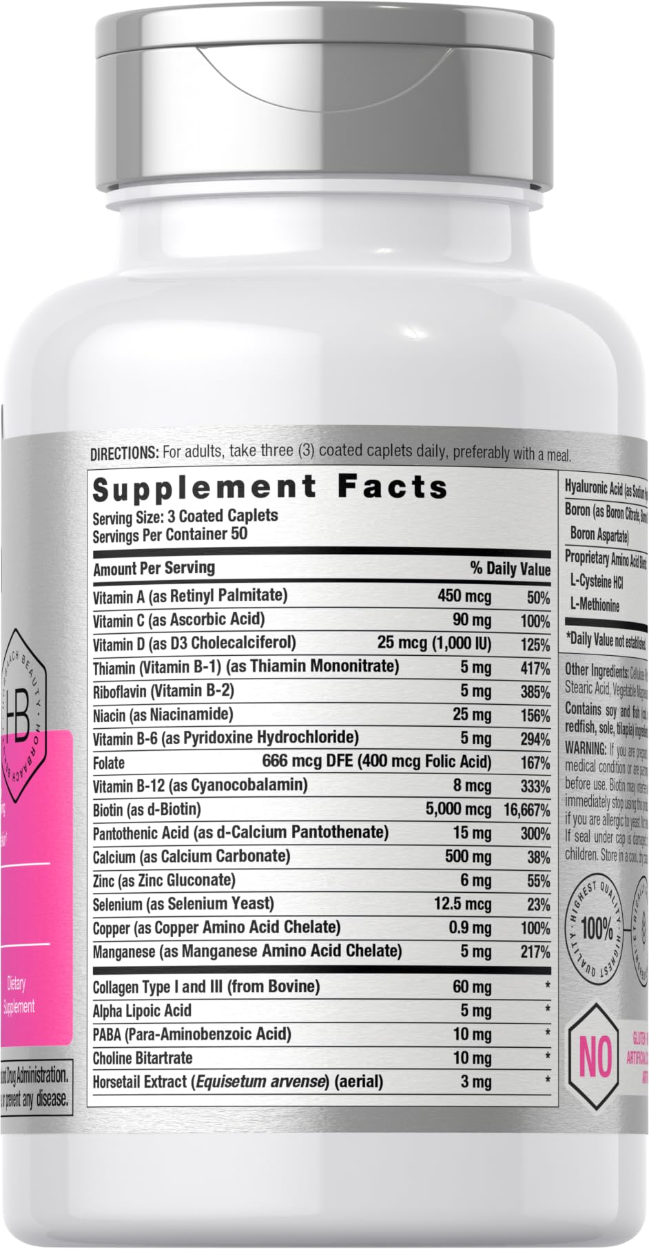 Horbäach Hair Skin and Nails Vitamins | 150 Caplets | with Biotin and Collagen | Supplement for Women and Men | Non-GMO, Gluten Free