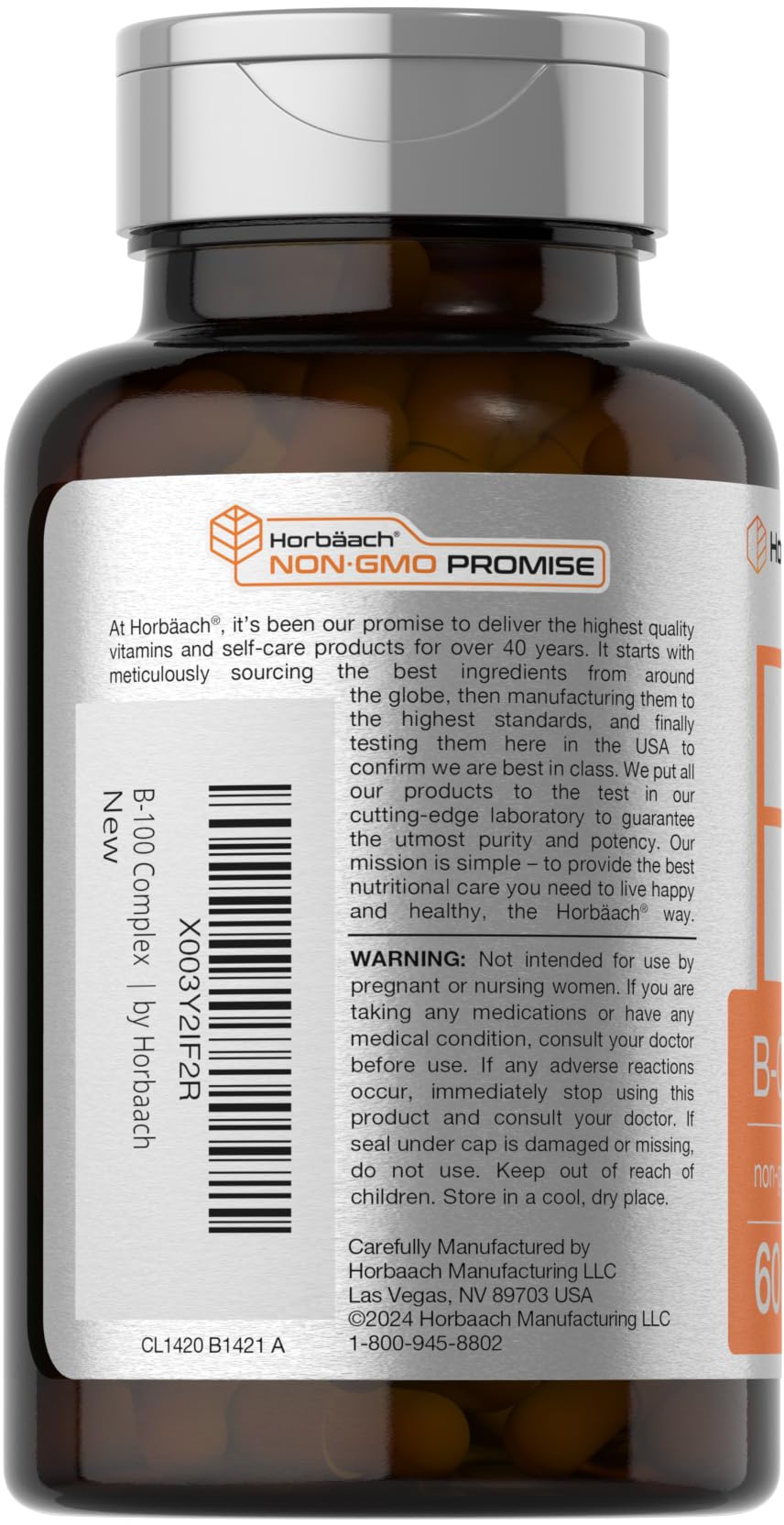 Horbäach Vitamin B-100 Complex | 60 Quick Release Capsules | Non-GMO and Gluten Free Supplement