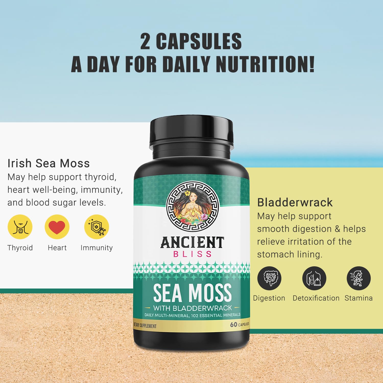 Ancient Bliss Organic Irish Sea Moss Pills - Dr Sebi Wildcrafted Seamoss Capsules | Thyroid, Healthy Skin & Gut Support | 120 Capsules