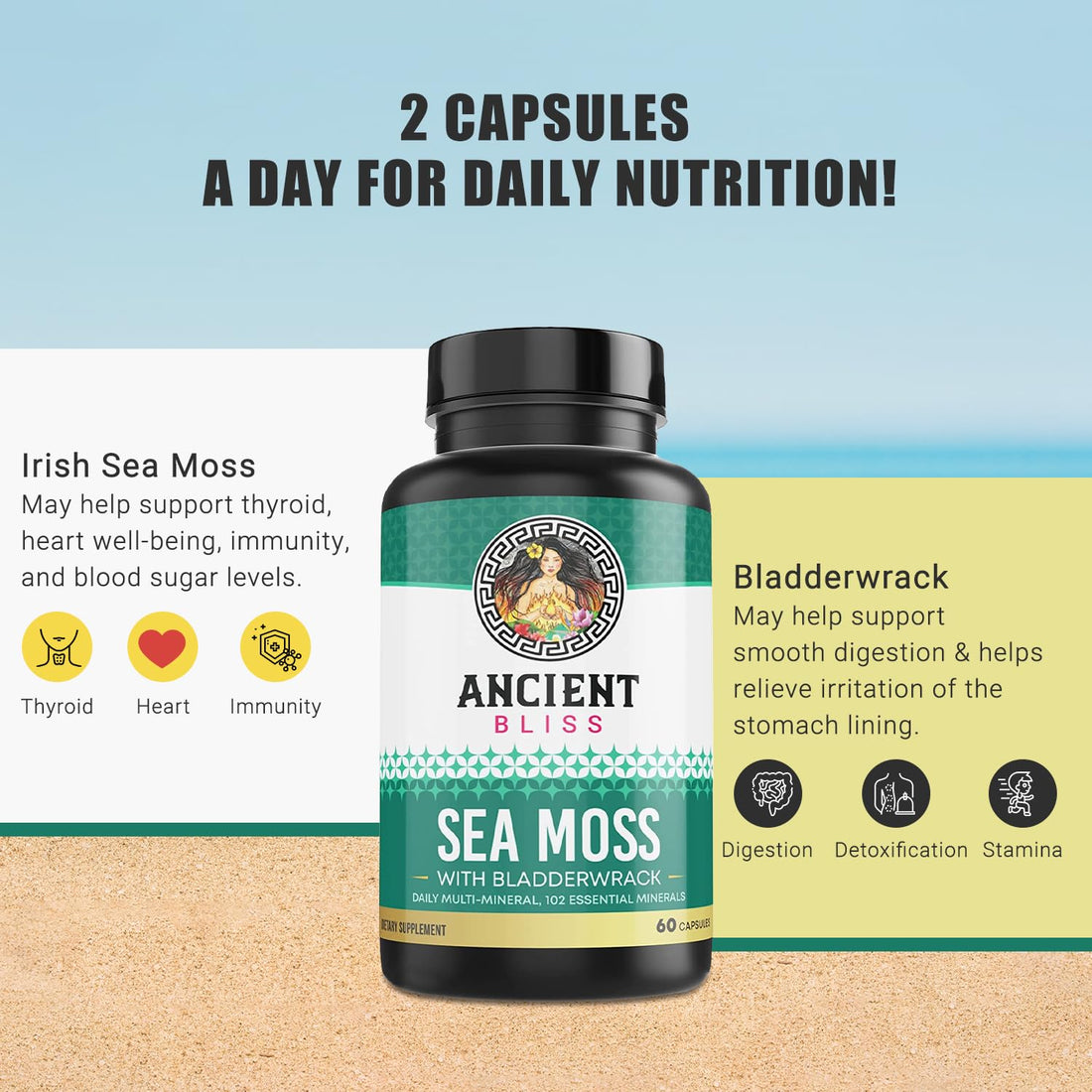 Ancient Bliss Organic Irish Sea Moss Pills - Dr Sebi Wildcrafted Seamoss Capsules | Thyroid, Healthy Skin & Gut Support | 120 Capsules