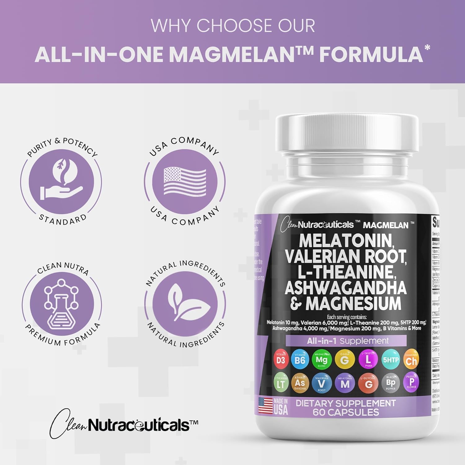 Clean Nutraceuticals Melatonin 10mg Valerian Root L Theanine 200mg Ashwagandha - Sleep Support for Women & Men with Magnesium Complex, Lemon Balm, Chamomile, & Passion Flower - 60 Caps