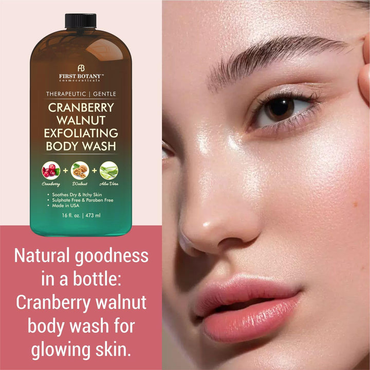 First Botany All Natural Body Wash - Fights Body Odor, Athlete’s Foot, Jock Itch, Nail Issues, Dandruff, Acne, Eczema, Shower Gel for Women & Men, Skin Cleanser -16 Fl Oz (Cranberry Walnut)