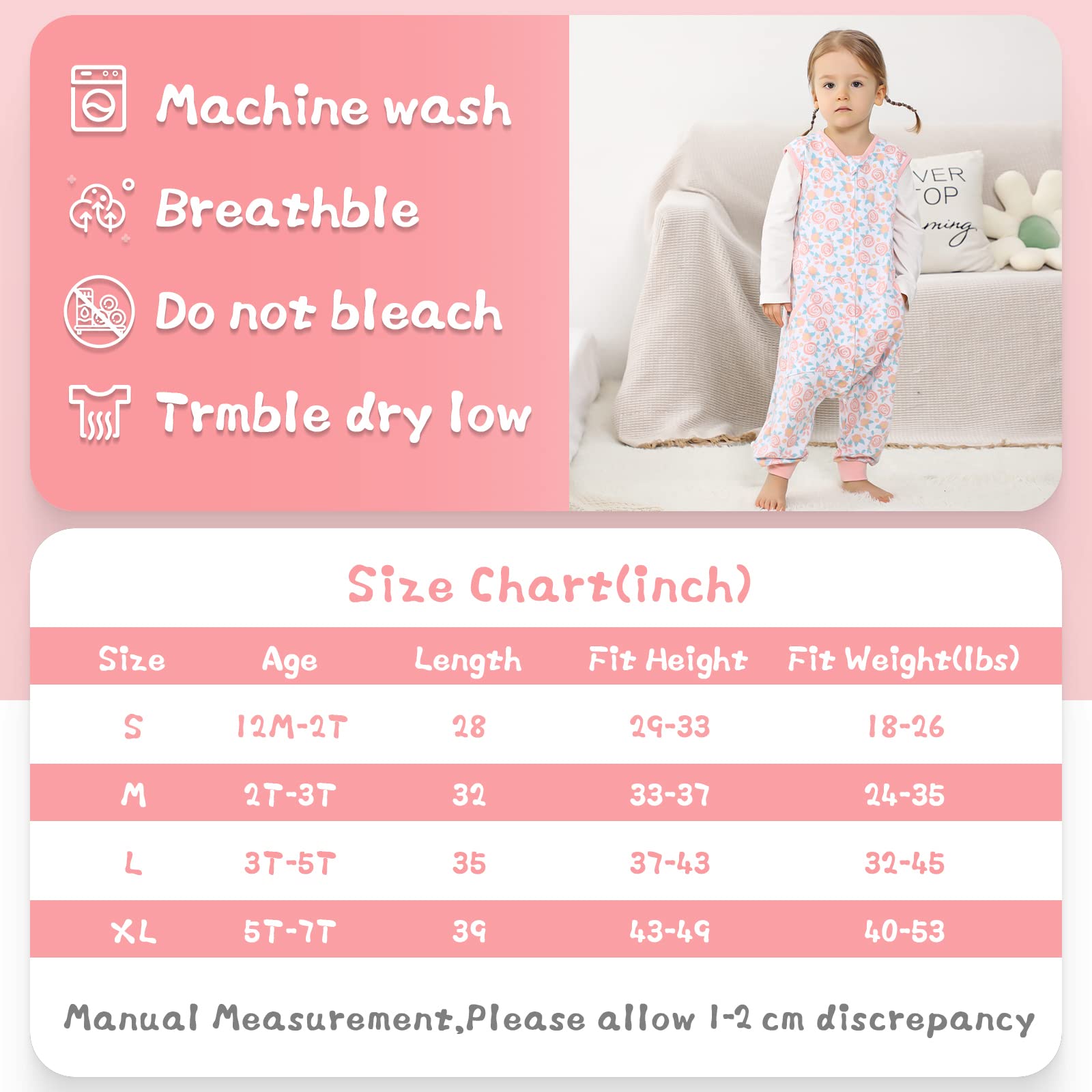 WONDAY Toddler Sleep Sack, Sleep Sack 2t-3t, Sleep Sack Baby Wearable Blanket, Sleeping Bag Toddler Baby Sleep Sacks with Feet, Sleeveless Soft Toddler Sleeping Sack Rose