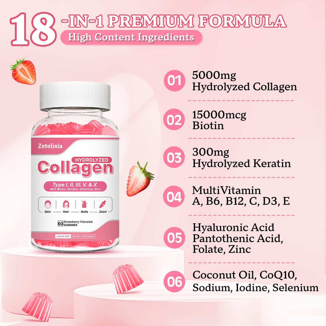 2 Pack Collagen Gummies for Women Men, Hydrolyzed Collagen Peptide Type I,II,III,V,X with Biotin, Vitamin C A B D E for Skin Hair Nails J0ints, Immunity Energy Digestion, Sugar Free, 120 Count