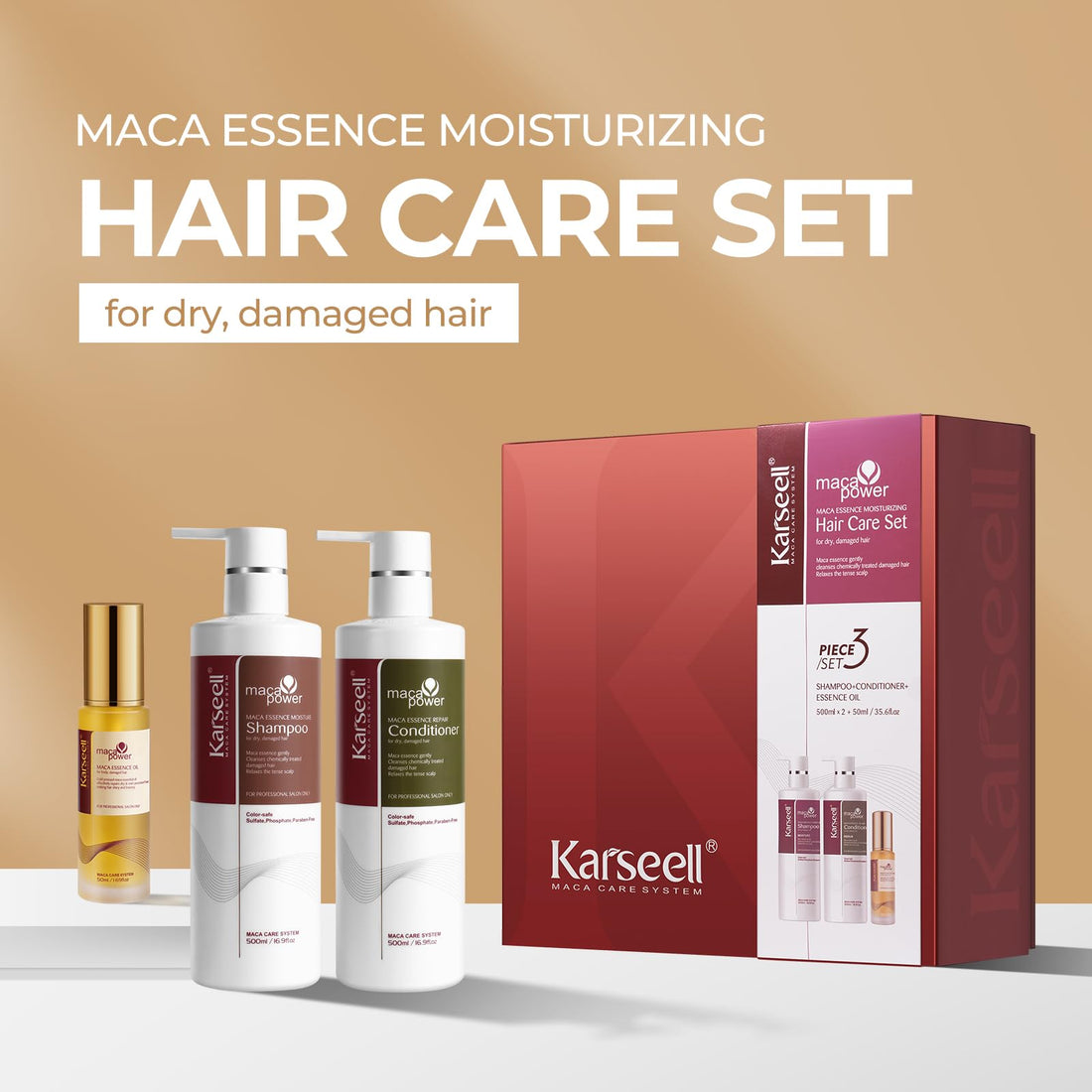 Karseell Collagen Hair Treatment Maca Essence Hair Care Set, Hair Oil Shampoo and Conditioner Set for Dry Damaged Hair All Hair Types 2 x 16.9fl.oz + 1.69fl.oz