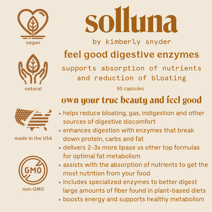 Solluna by Kimberly Snyder Feel Good Digestive Enzymes — Lipase, Amylase, Protease, Alpha-Galactosidase, Cellulase for Digestive Health, Nutrient Absorption, Gas and Bloating (90CT) Vegan & Non-GMO