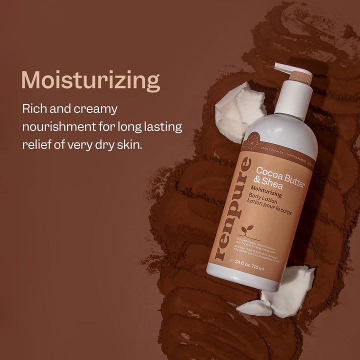 Renpure Cocoa Butter & Shea Butter Ultra-Hydrating Body Lotion - Rich & Creamy Formula for Long Lasting Hydration- For Dry to Very Dry Skin - Cocoa Butter and Shea Butter - 24 Fl Oz