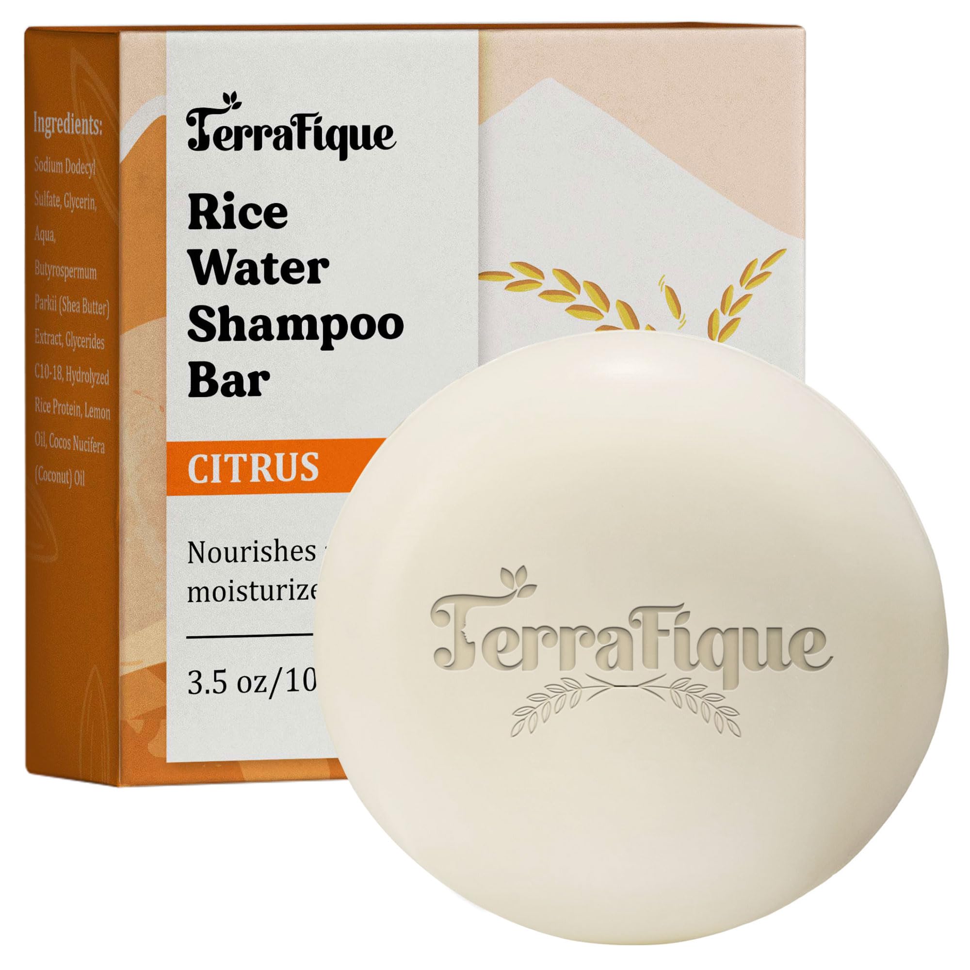 TERRAFIQUE Rice Water Shampoo Bar - Citrus Scent - Nourishing Shampoo with Cocoa Butter, Shea Butter for Hair Growth - 3.5 Oz / 100 G