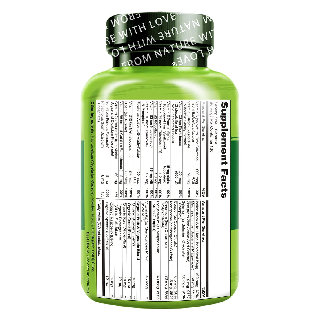 NATURELO One Daily Multivitamin for Women - Energy Support - Whole Food Supplement to Nourish Hair, Skin, Nails - Non-GMO - No Soy - Gluten Free - 120 Capsules - 4 Month Supply