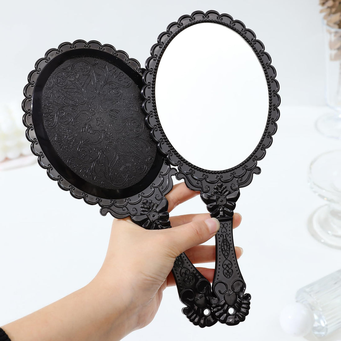 Two-Sided White Colour, Circular: Xpxkj Handheld Mirror Handle, Handheld Double Sided Mirror Vanity Makeup Home Salon Travel Use (Two-Sided White Colour, Circular)