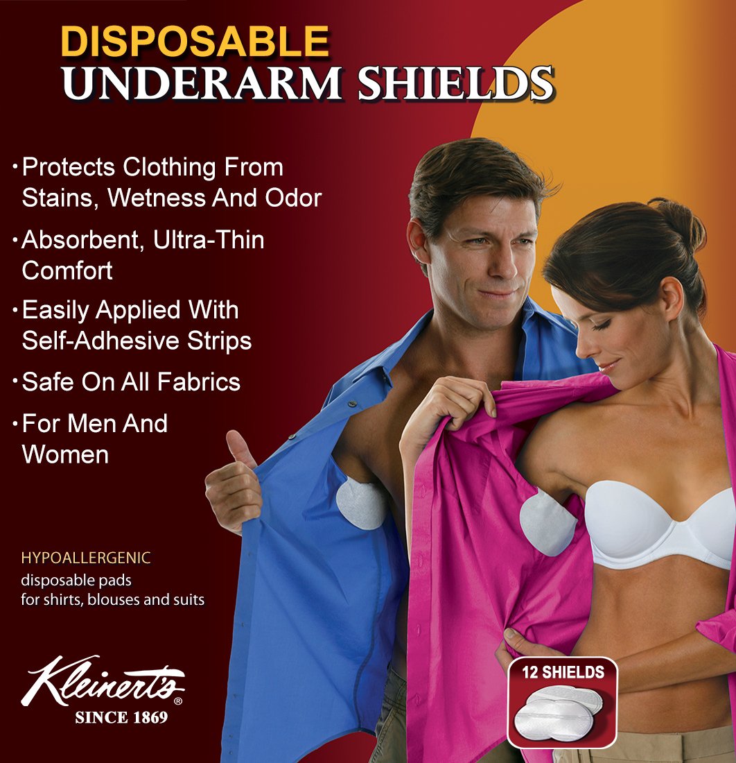 Kleinertâ€™s Disposable Peel & Stick Absorbent Underarm Pads. 12 PADS (6 Pair) Style # MW-4900. Measures 5 W x 5 3/4 L. Discreet, Comfortable, Sweat Free, Odor Blocker, Peel And Stick Dress Shields