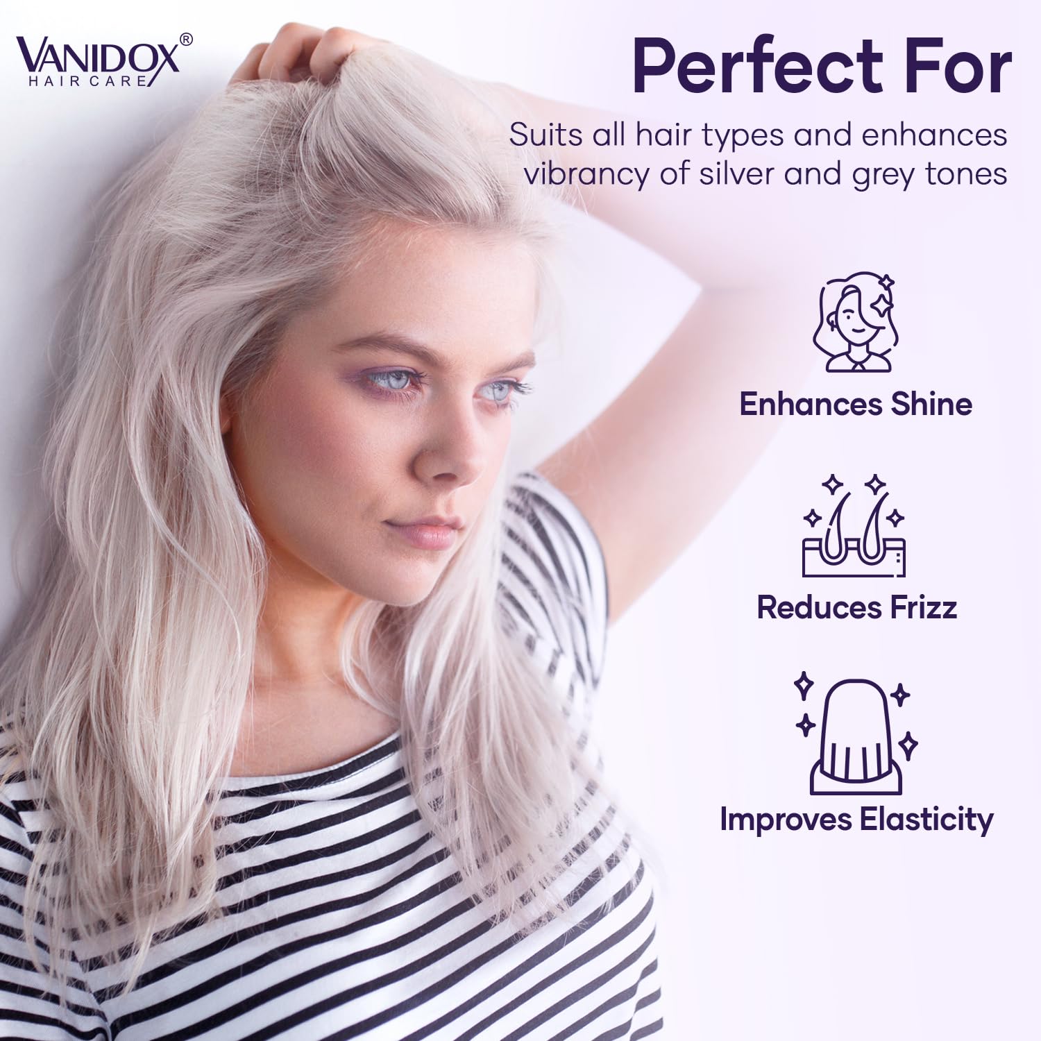 VANIDOX Sulfate Free Purple Shampoo and Conditioner Set for Grey and Silver Hair, Brass Toning with Infused Purple Pigment, for Women (16 fl oz each)