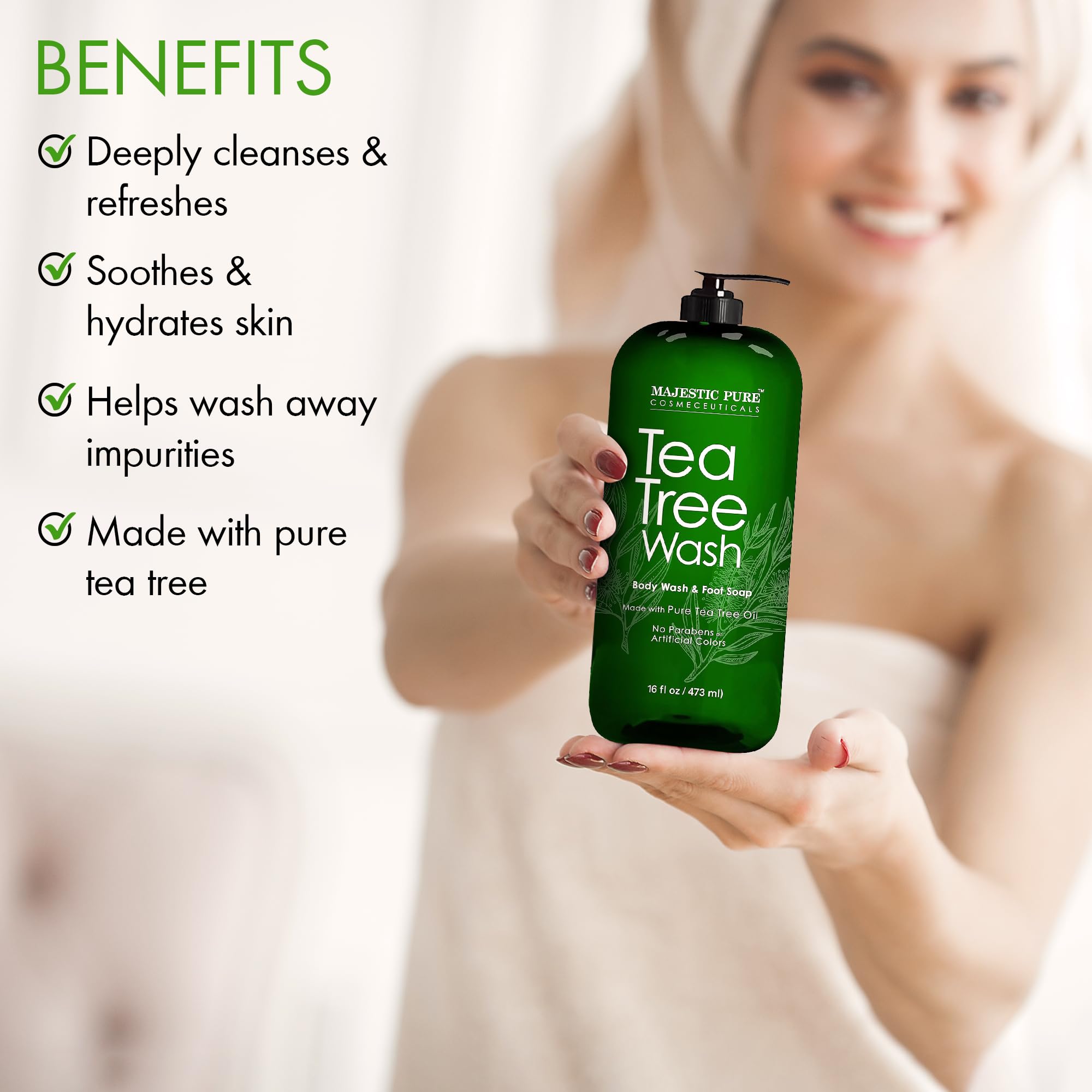 Majestic Pure Tea Tree Body Wash - Formulated to Combat Dry, Flaky Skin - Soothes, Nourishes and Moisturizes Irritated, Chapped, Problem Skin Areas - (Packaging may Vary) -16 fl. oz.