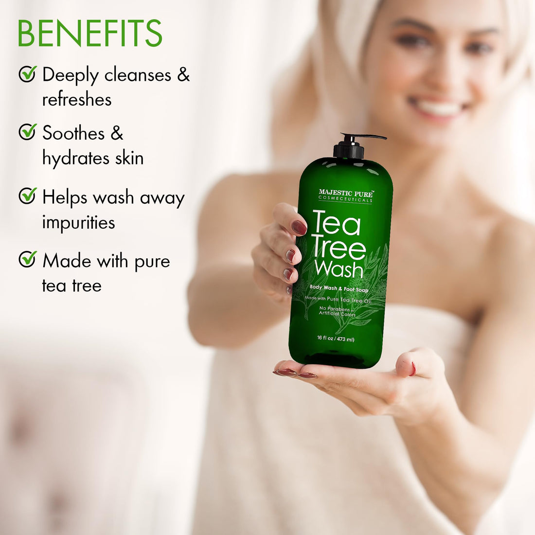 Majestic Pure Tea Tree Body Wash - Formulated to Combat Dry, Flaky Skin - Soothes, Nourishes and Moisturizes Irritated, Chapped, Problem Skin Areas - (Packaging may Vary) -16 fl. oz.
