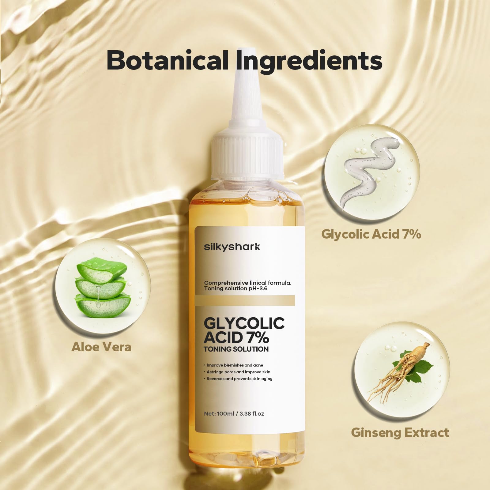 SilkyShark Glycolic Acid 7% Toner (100ml), Gentle Exfoliating Toner, Glycolic Acid 7% Toning Solution for Diminished Dullness, Wrinkle Exfoliating Serum for Face, Hydrates and Reduces Skin Blemishes