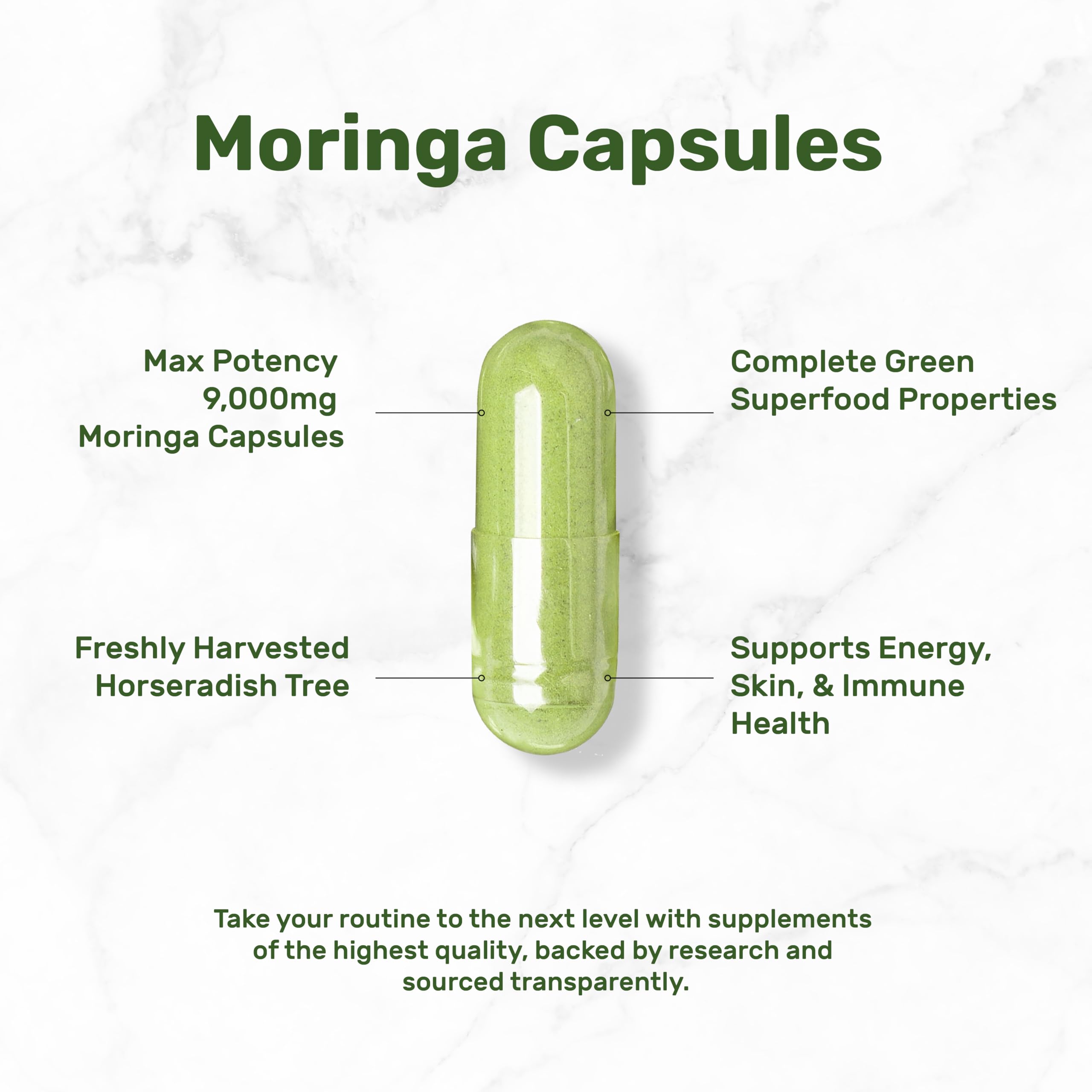 Moringa Pure Capsules 9,000mg Herbal Equivalent, 240 Capsules – Maximum Potency Moringa Leaf Extract – Complete Green Superfood Supplement for Energy, Skin, & Immune Health Support – Non-GMO