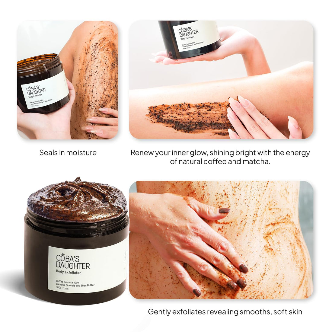 COBA'S DAUGHTER 100% Robusta Coffee Body Scrub with Matcha & Shea Butter | Exfoliate, moisturize skin and Reduce stretch marks and cellulite | Safe for pregnancy | Vegan & Clean Beauty (10.6 Oz)