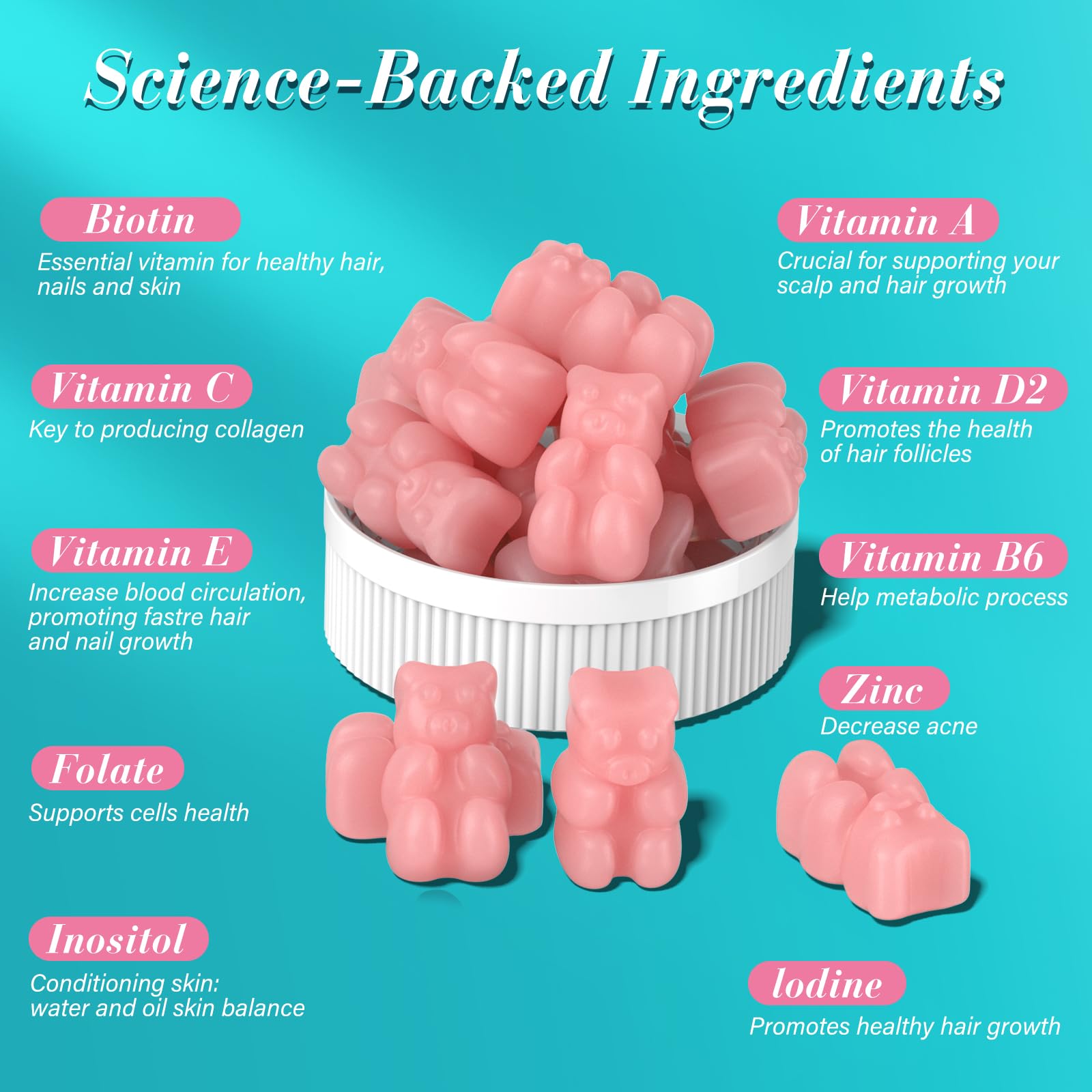 Lazpowfi Biotin Gummies -Hair Skin and Nails Vitamins for Men & Women, Vegan Vitamin B7, Supports Hair Growth and Stronger Nails,30 Day Supply - Raspberry-60 Count