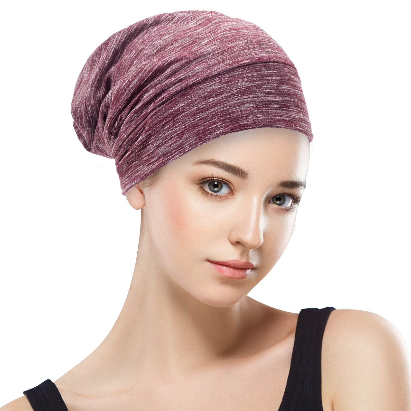 Silk Satin Lined Bonnet Sleep Cap - Adjustable Stay on All Night Hair Wrap Cover Slouchy Beanie for Curly Hair Protection for Women and Men - Heather Burgundy