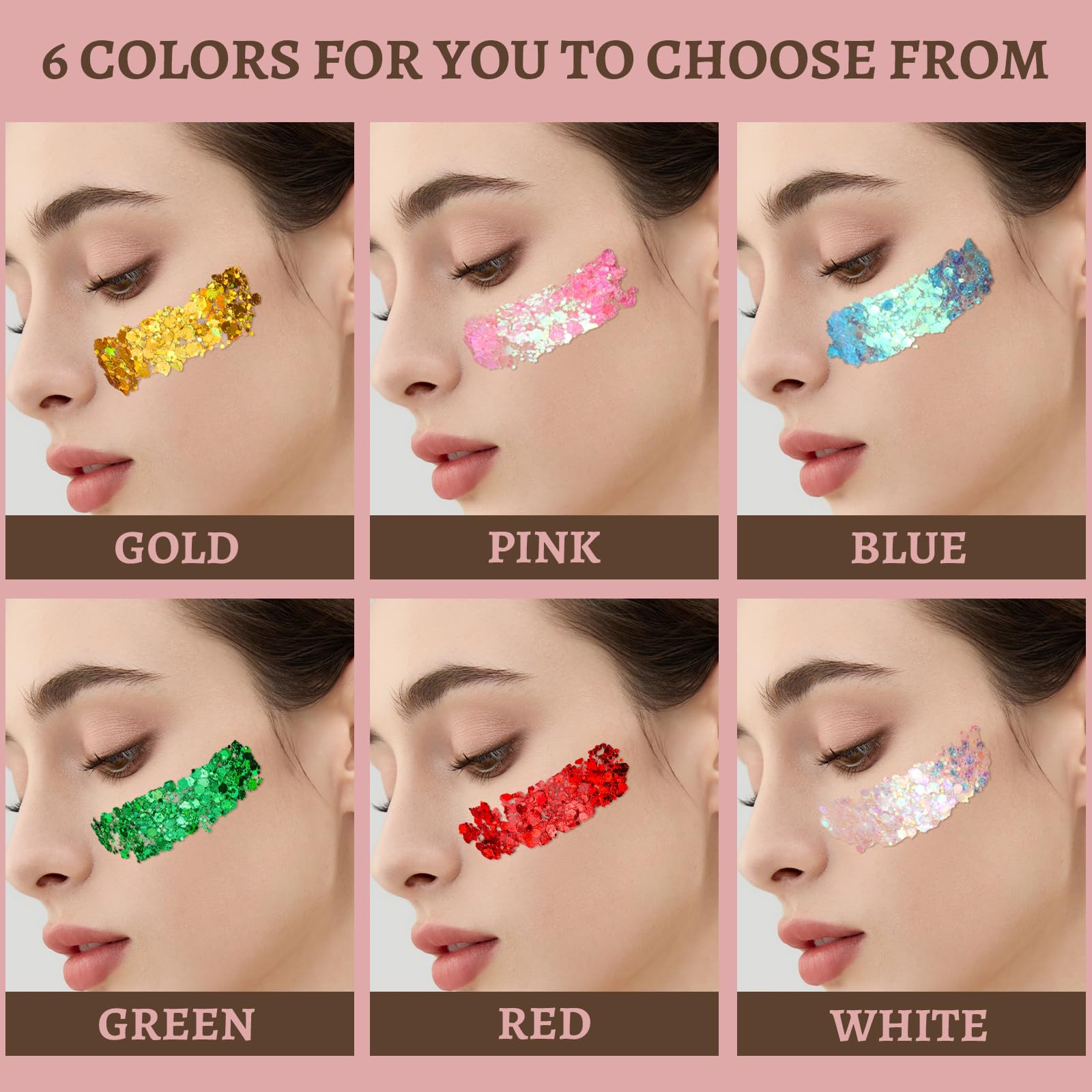 Teenitor Body Glitter Face Glitter Hair Glitter Gel, 6 Colors Body Glitter for Women, Self Adhesive Face Gems Face Rhinestones for Festivals Concerts Rave Glitter