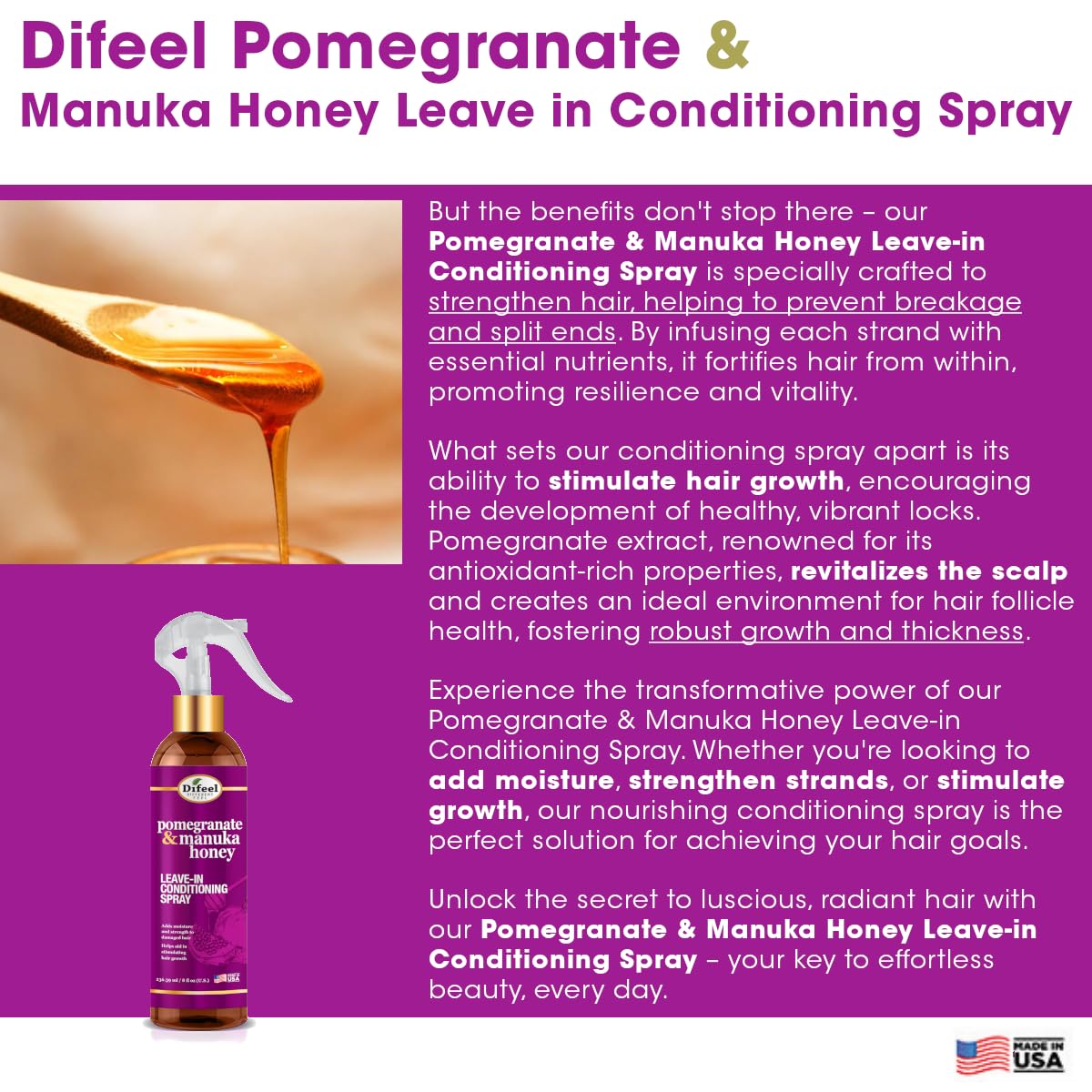 Difeel Pomegranate & Manuka Honey Leave-in Conditioning Spray 8 oz. - Leave in Conditioner for Dry, Damaged Hair, Strengthens, Adds Moisture and Stimulates Growth