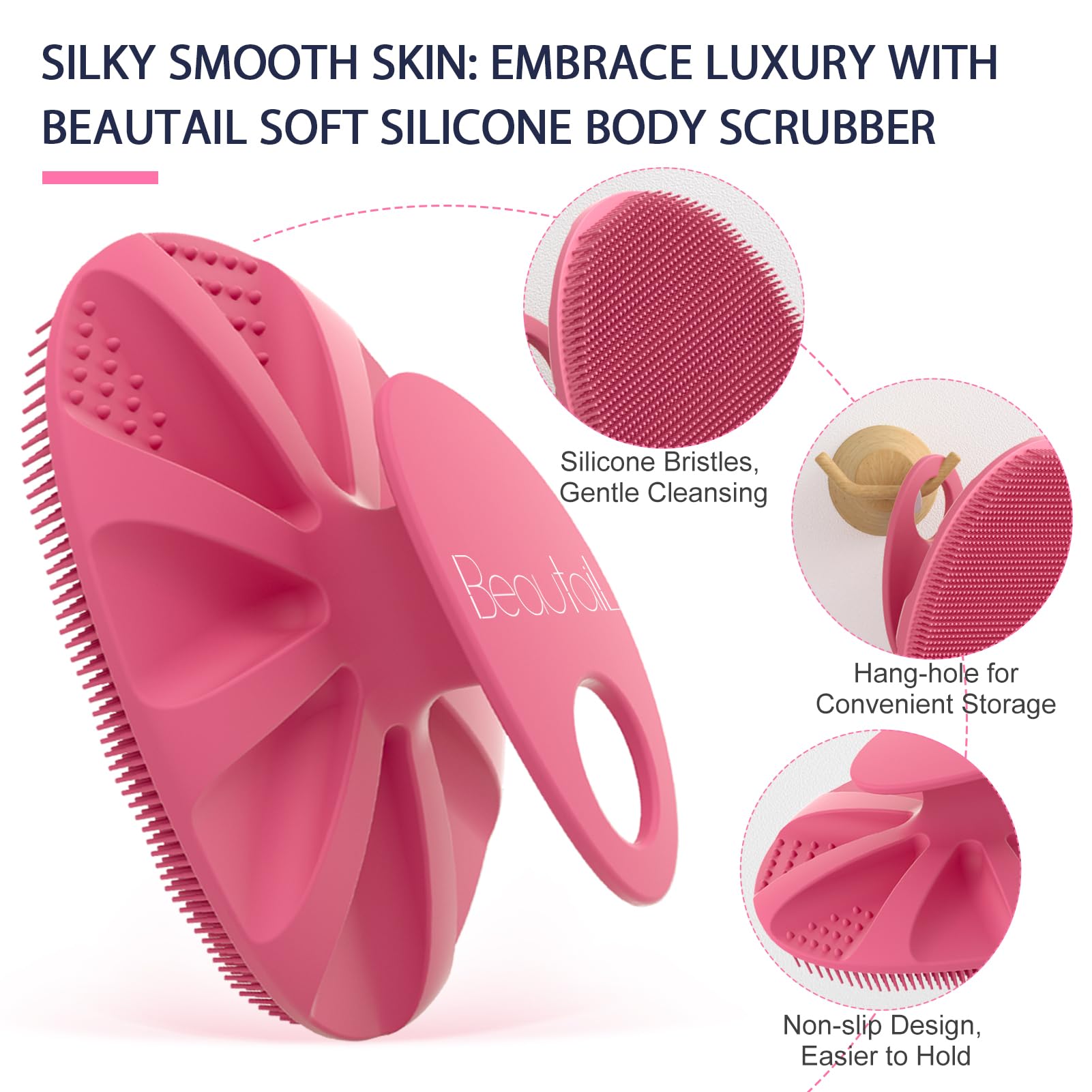BEAUTAIL Silicone Body Scrubber Shower Bath Wash Brush Gentle Exfoliating Scrub Cleansing Loofah for Women Men Baby Sensitive Skin, Easy to Clean, Lather Nicely, More Hygienic, 1 Pack, Pink
