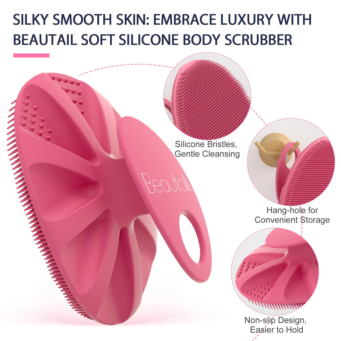 BEAUTAIL Silicone Body Scrubber Shower Bath Wash Brush Gentle Exfoliating Scrub Cleansing Loofah for Women Men Baby Sensitive Skin, Easy to Clean, Lather Nicely, More Hygienic, 1 Pack, Pink