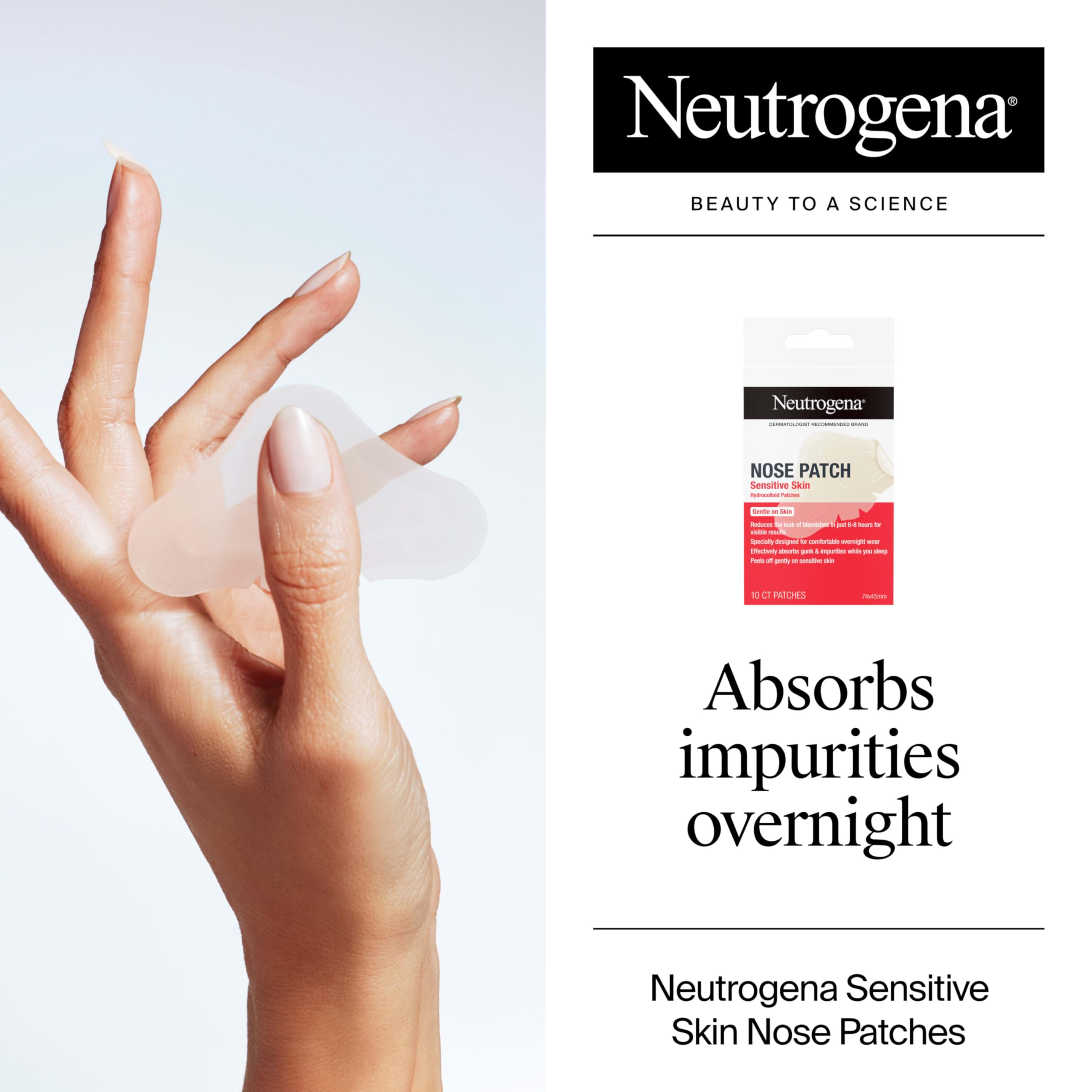 Neutrogena Nose Acne Patches for Sensitive Skin, Hydrocolloid Acne patches for Overnight Wear, Reduces the Look of Blemishes in 6-8 Hours, Gentle Non-Medicated Patches, 10 ct