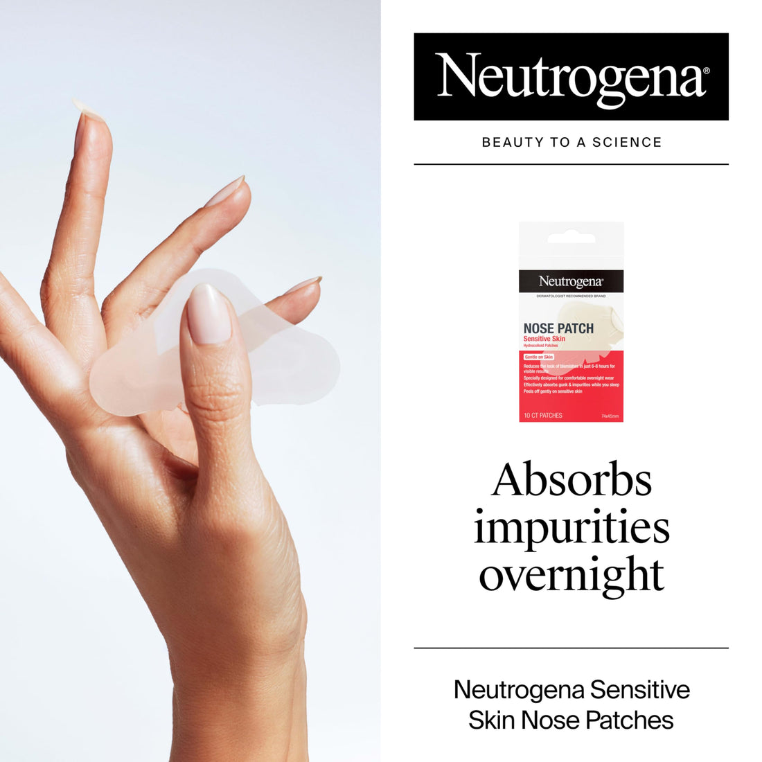 Neutrogena Nose Acne Patches for Sensitive Skin, Hydrocolloid Acne patches for Overnight Wear, Reduces the Look of Blemishes in 6-8 Hours, Gentle Non-Medicated Patches, 10 ct