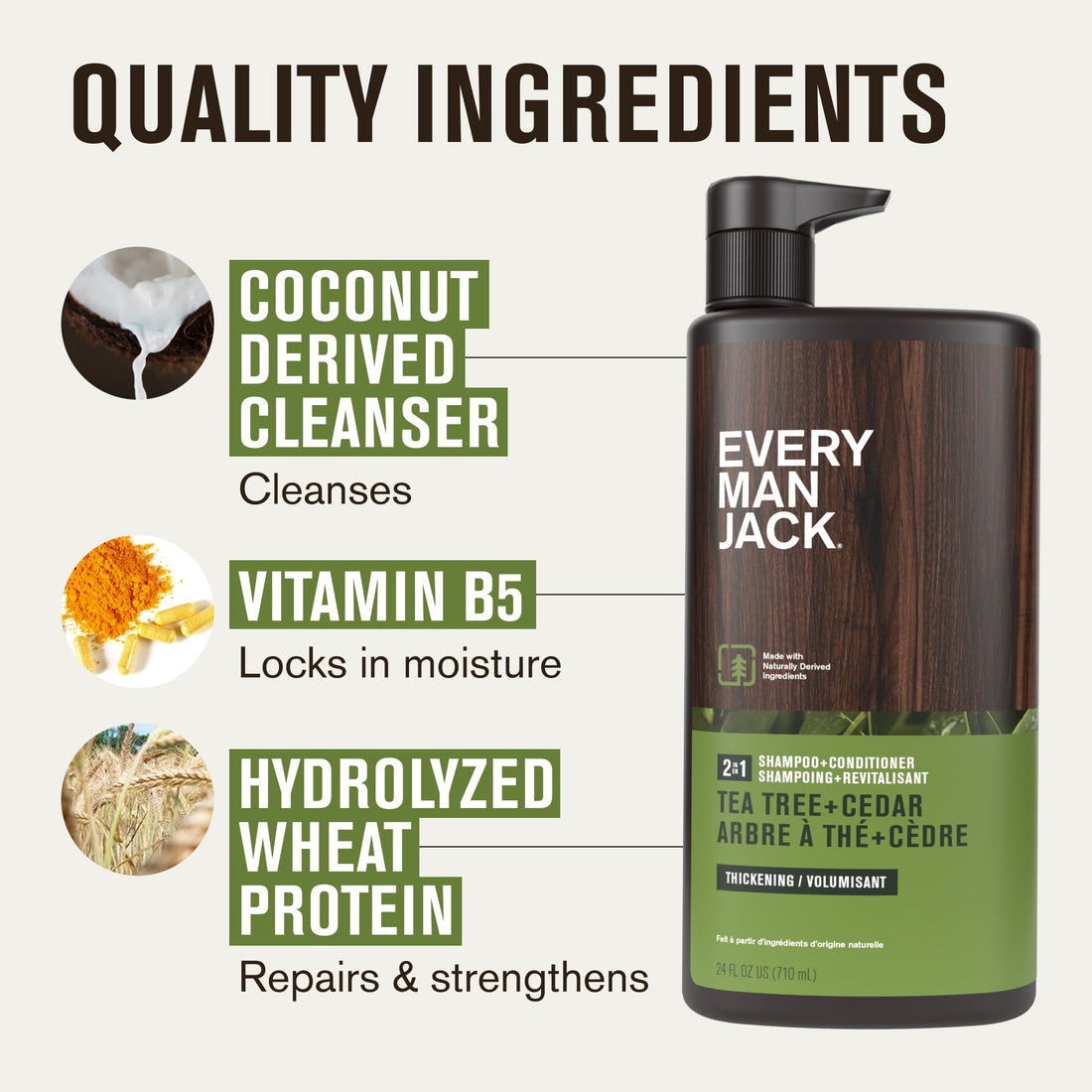 Every Man Jack 2-in-1 Tea Tree + Cedar Shampoo + Conditioner - Thicken, Cleanse, and Hydrate Hair with Coconut, Aloe, Tea Tree Oil - Naturally Derived and No Harmful Chemicals - 24oz -1 Bottle