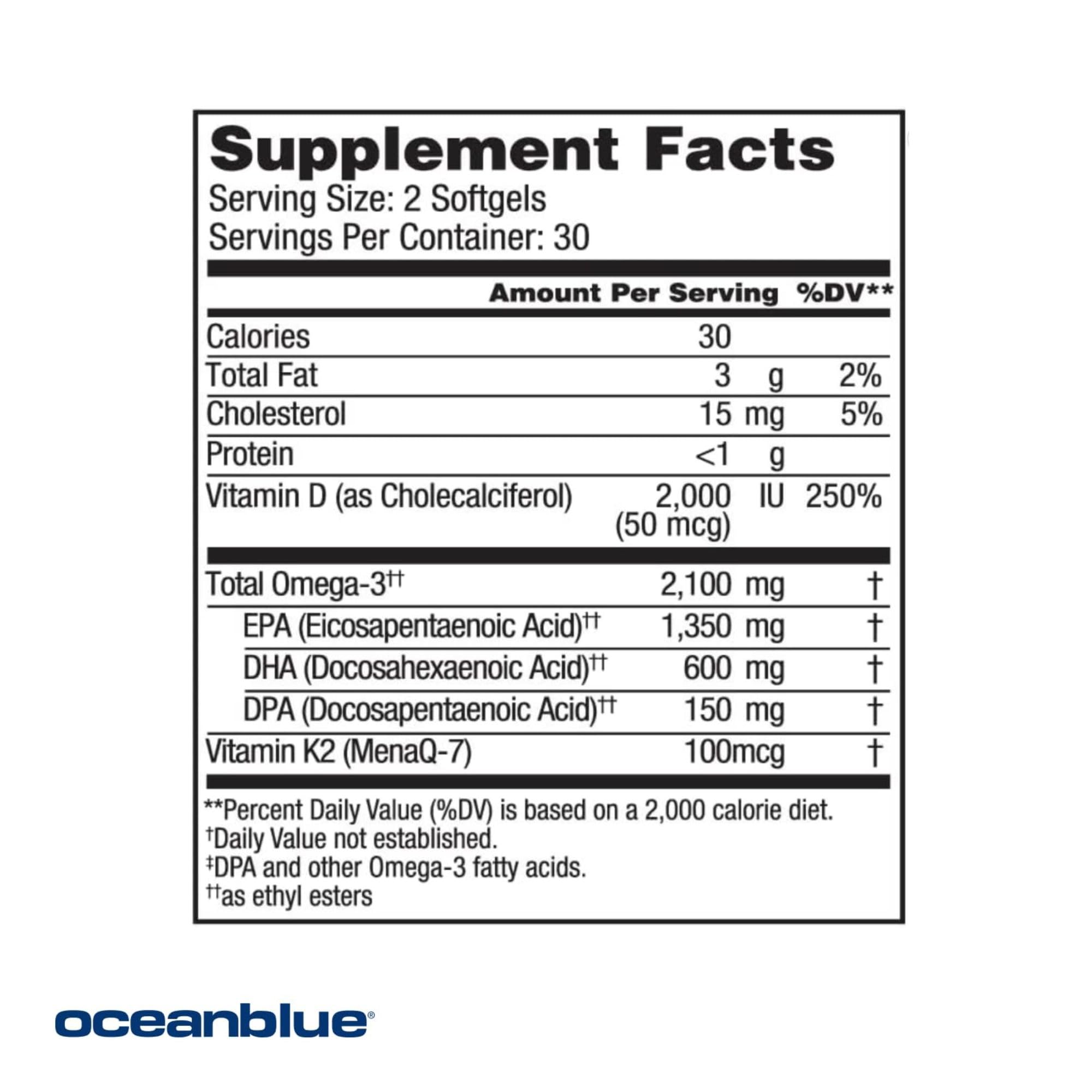 Oceanblue Professional Omega-3 2100 with Vitamin K2 and Vitamin D3-60 Count - Triple Strength Burpless Fish Oil Omega-3 Supplement with EPA, DHA & DPA - Wild Caught - Orange Flavor, 30 Servings