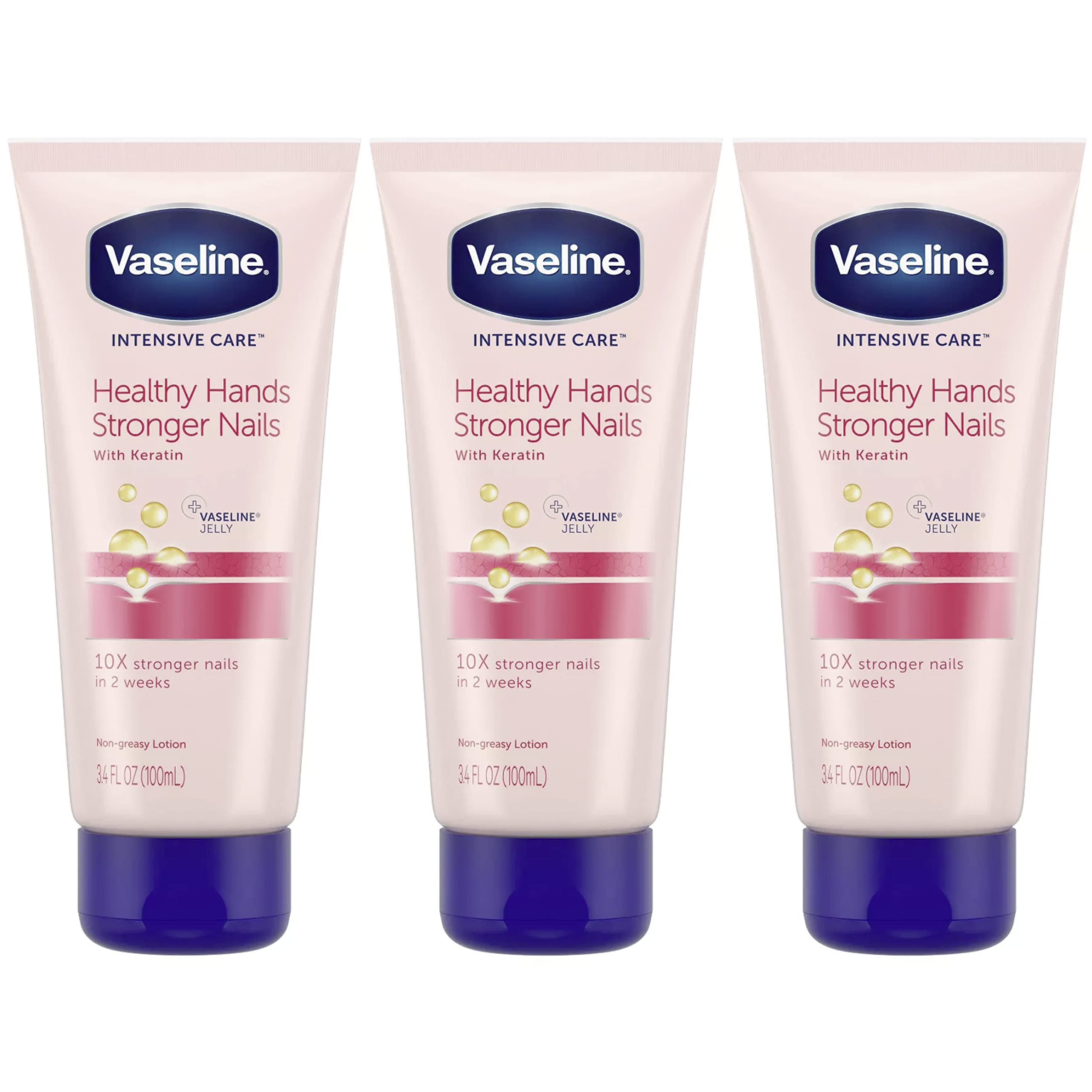 Vaseline Lotion, Healthy Hands Stronger Nails with Keratin 3-Pack – Intensive Care Hand Lotion with Petroleum Jelly, 3.4 Oz Ea