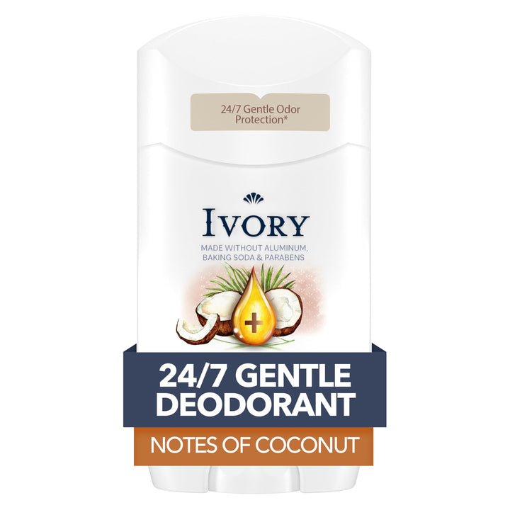 Ivory Aluminum Free Deodorant, Notes of Coconut, 24hr Gentle Deodorant, Dermatologist Tested, Baking Soda Free, Paraben Free, 2.4 oz