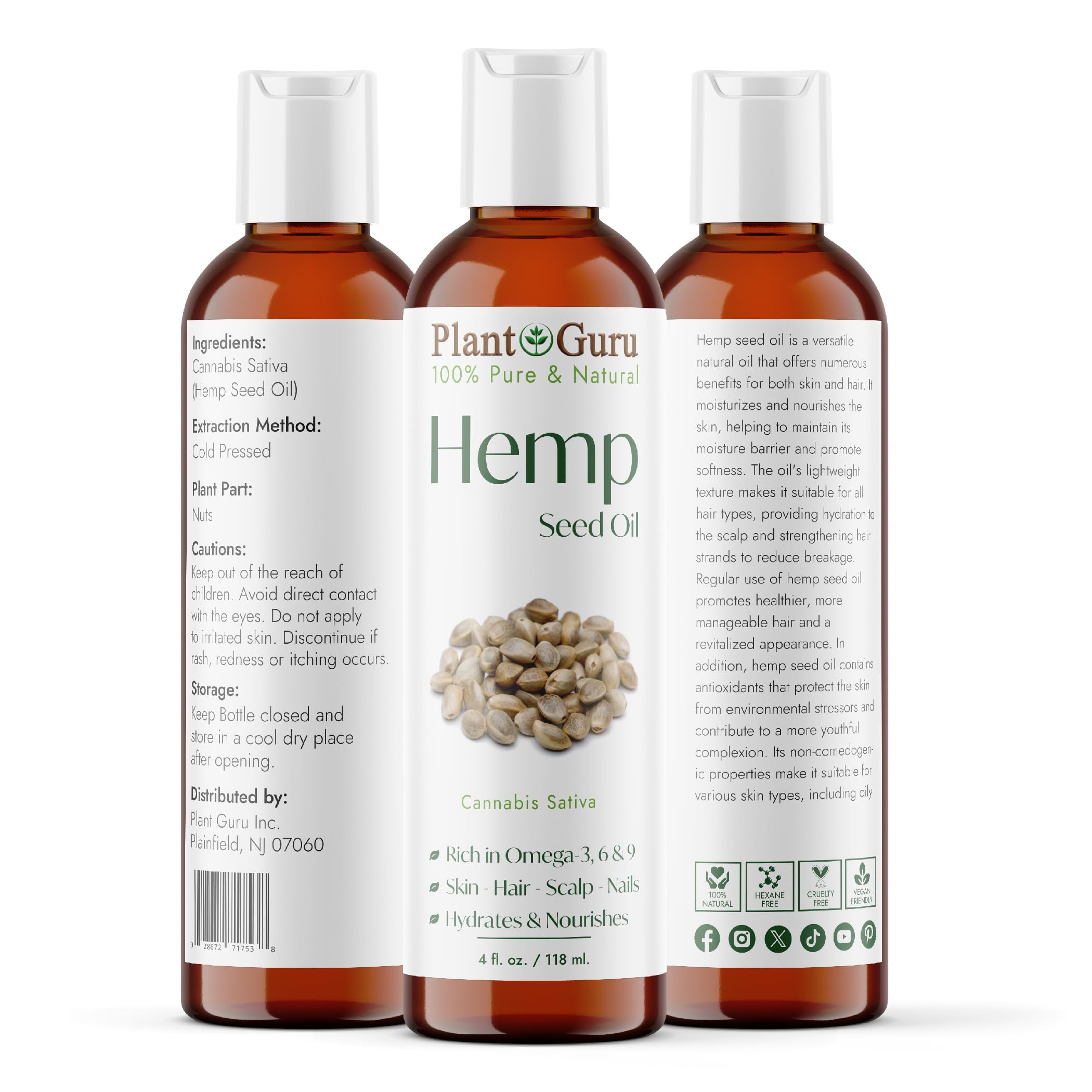 Hemp Seed Oil 4 oz. Virgin, Unrefined 100% Raw Pure Natural - Skin, Body And Hair Moisturizer. Works For Massage, Acne, & More!
