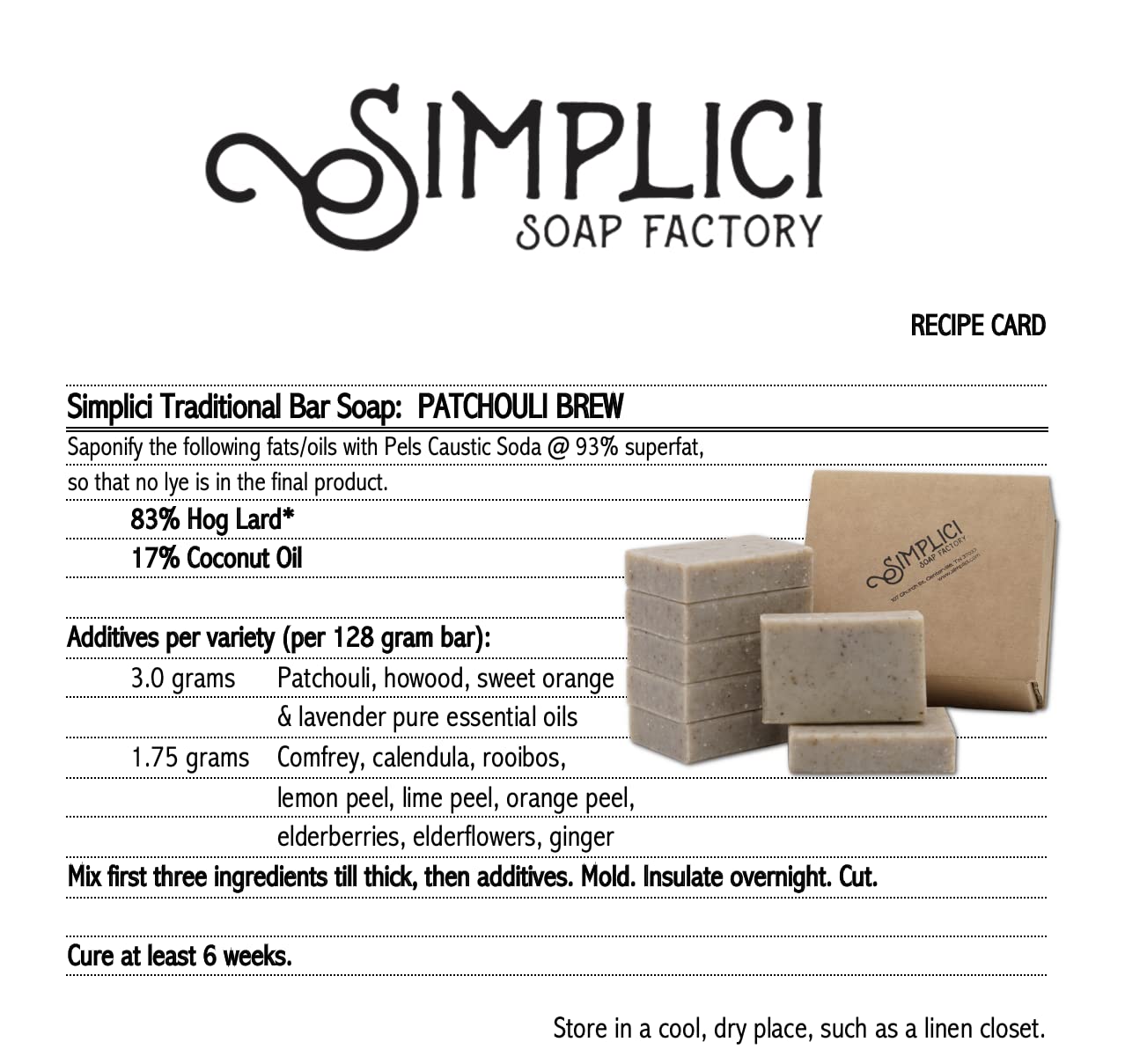 Simplici Patchouli Brew Natural Soap (exfoliating + pure essential oils) 6 Bar Value Bag. Palm Free.