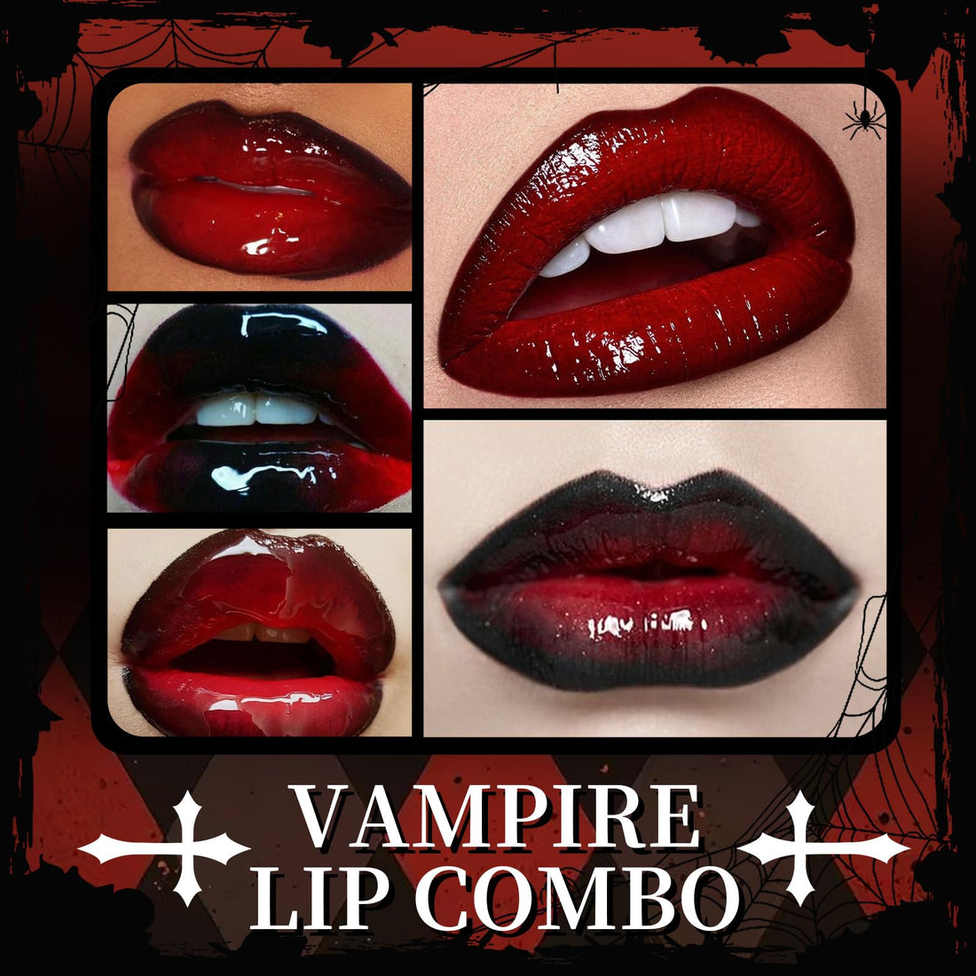 HOSAILY Vinyl Red Velvet Ink Liquid Lipstick with Black Lip Liner Gothic Lip Combo Halloween Makeup, Long Wear Waterproof Lip Gloss Non Sticky Moisturizing Lip Stain Tint Glossy Lip Color for Women