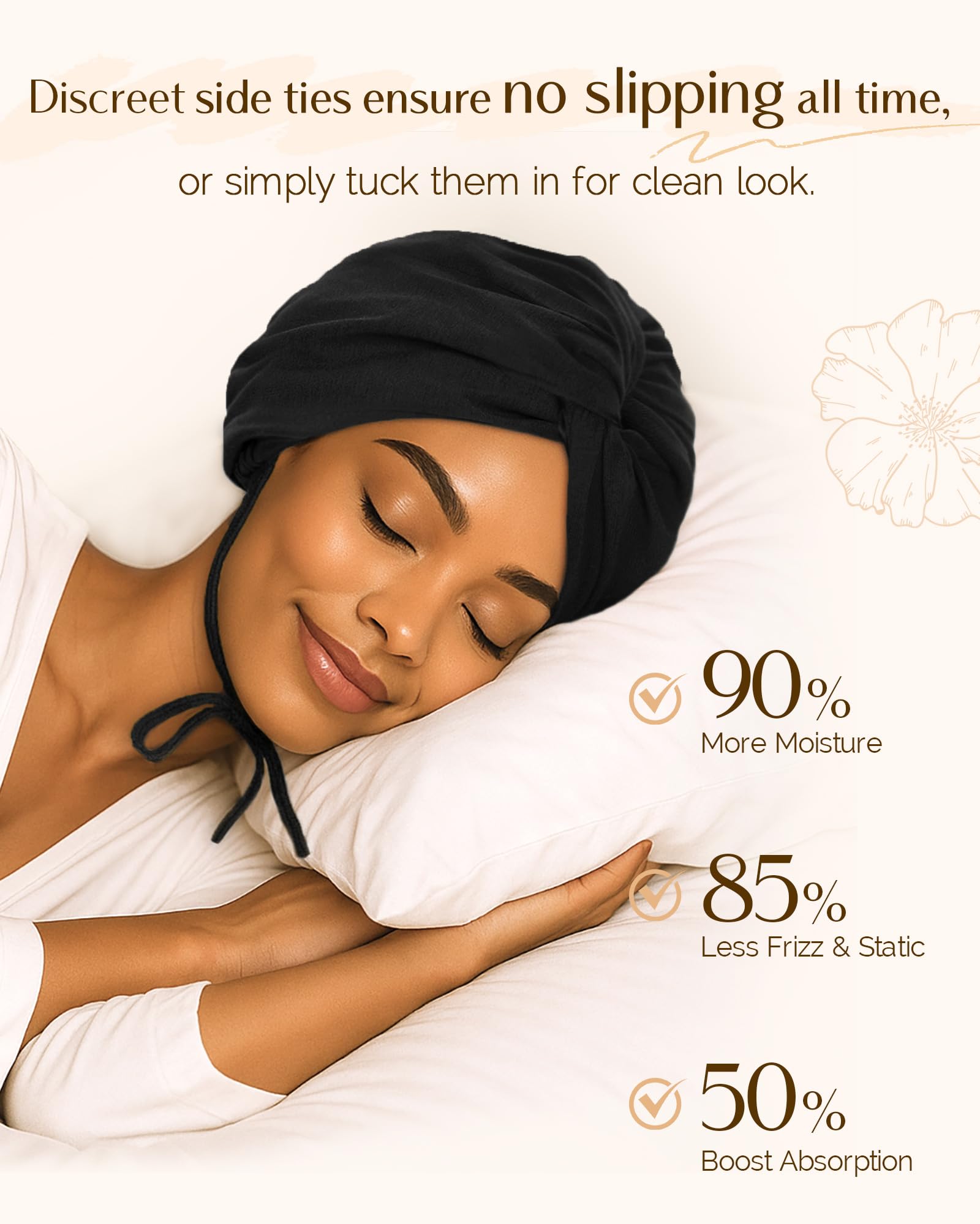 YANIBEST Satin Lined Hair Bonnet for Sleeping, Silk Turban, Hair Wrap Chemo Headwear for Women Natural Curly Hair, Black