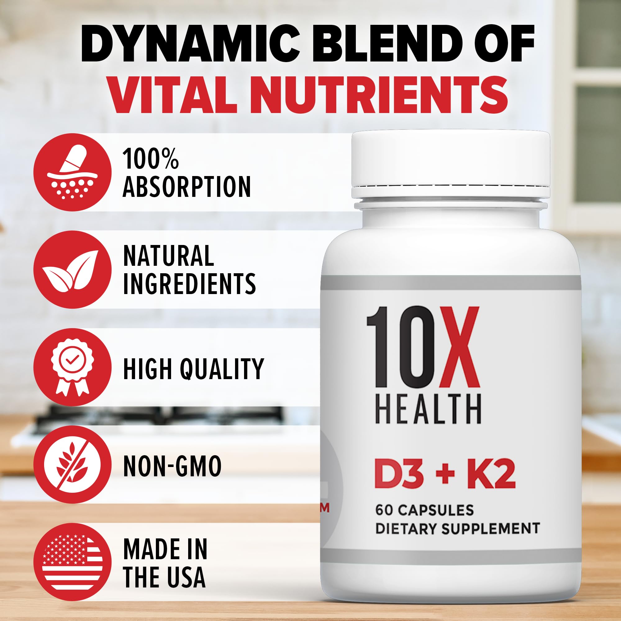 10X Health Vitamin D3 K2 - Loaded with 125 mcg Vitamin D and 90 mcg Vitamin K (Menaquinone 7) - D3 and K2 Supplements That Support Bone Health, Heart and Teeth - 60 Capsules