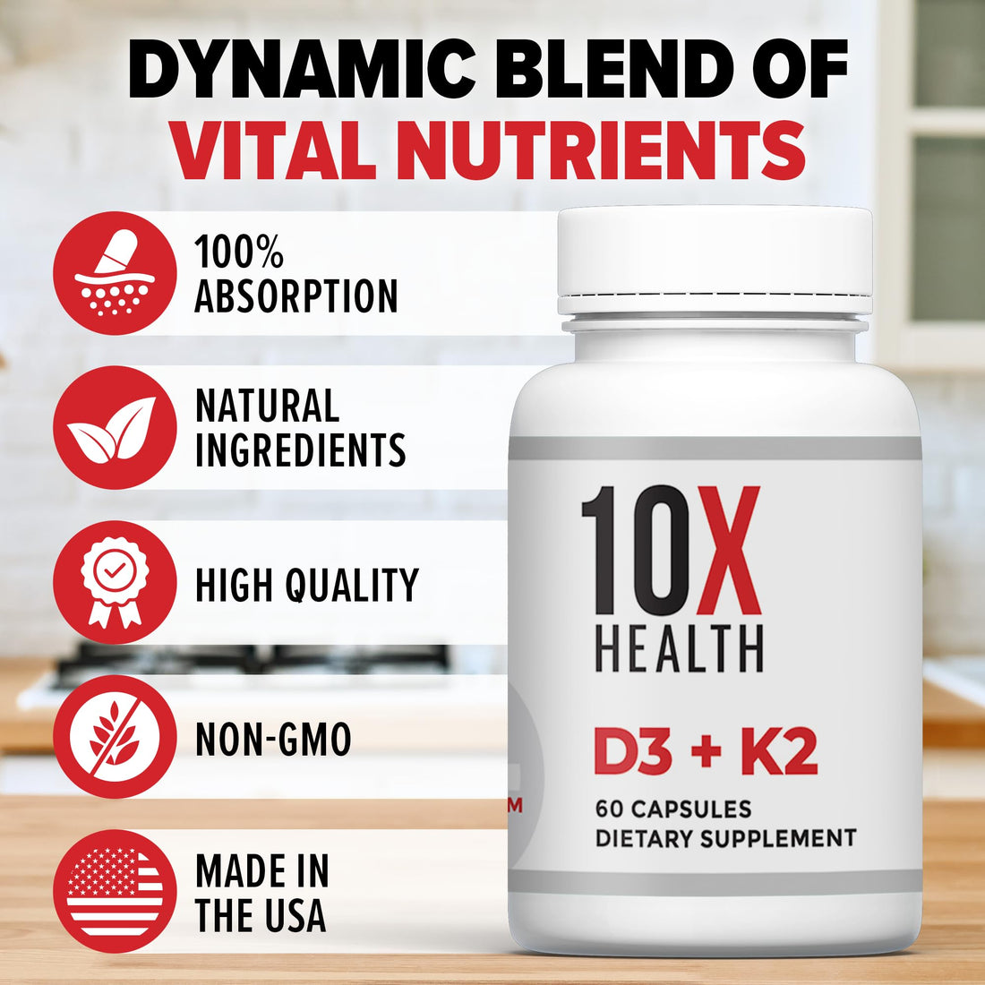 10X Health Vitamin D3 K2 - Loaded with 125 mcg Vitamin D and 90 mcg Vitamin K (Menaquinone 7) - D3 and K2 Supplements That Support Bone Health, Heart and Teeth - 60 Capsules