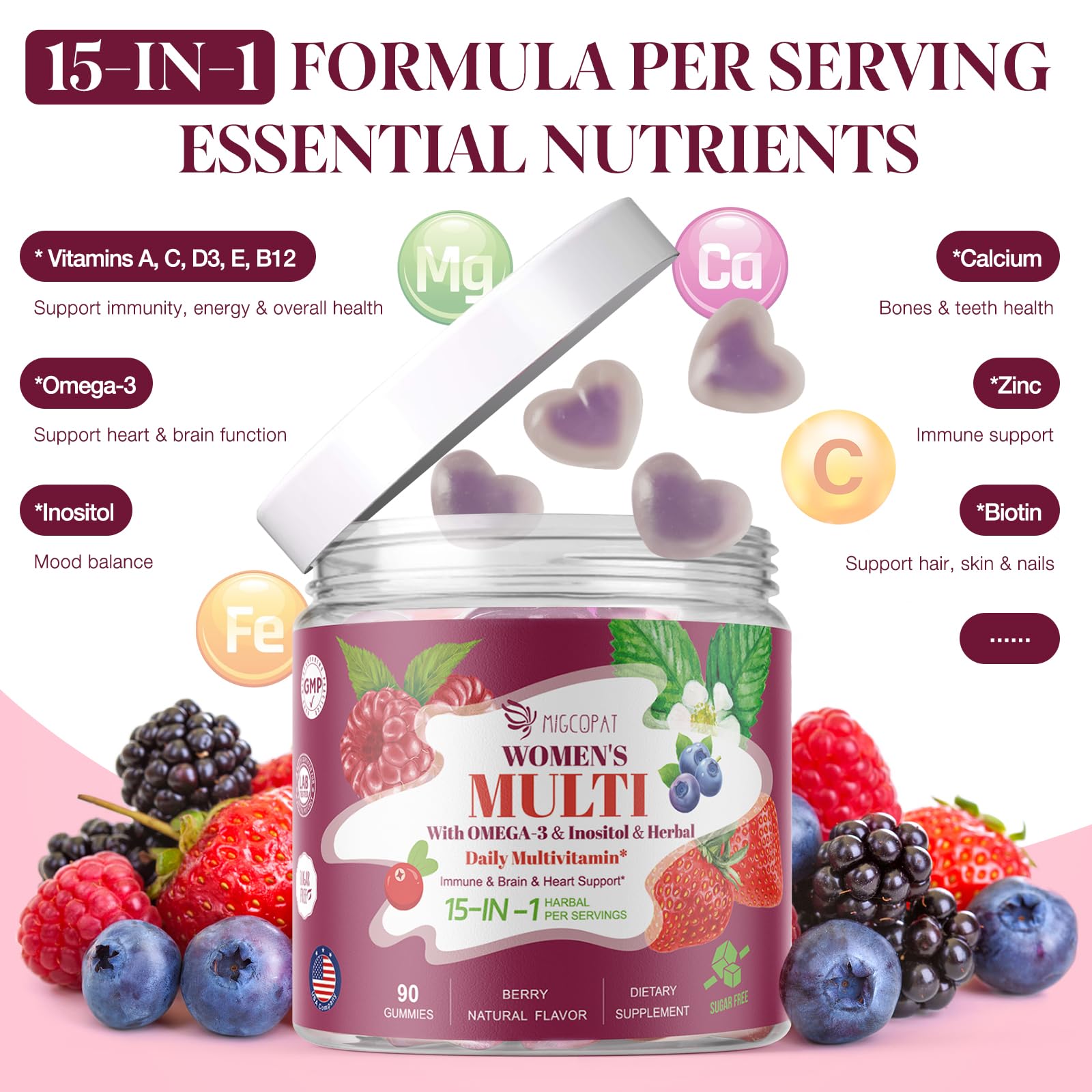 Women's Multivitamin Gummies, Berry Flavor, Sugar-Free, with Prebiotics, Omega-3, Inositol, CoQ10, and Vitamins A, C, D3, E, B12, Daily Support for Heart, Brain, Gut, Digestion, Energy & Immune