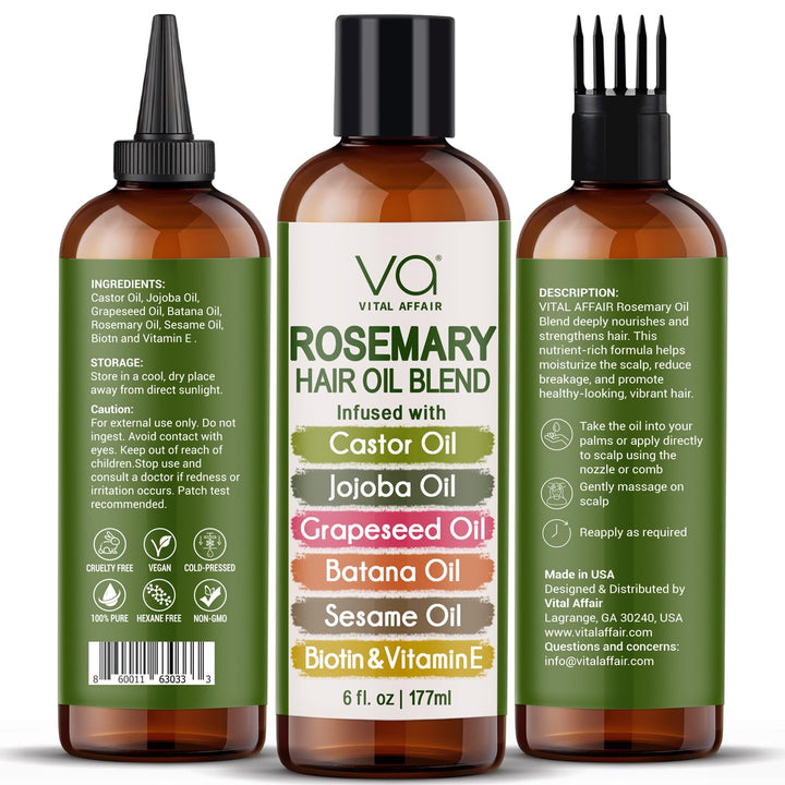 VITAL AFFAIR Blend Of Pure Rosemary Oil For Hair Growth With Castor, Batana, Jojoba Oil-Infused With Biotin & Vitamin E-Blend of Effective Hair Oils for Hair Growth-Strengthening Treatment 6 Fl Oz