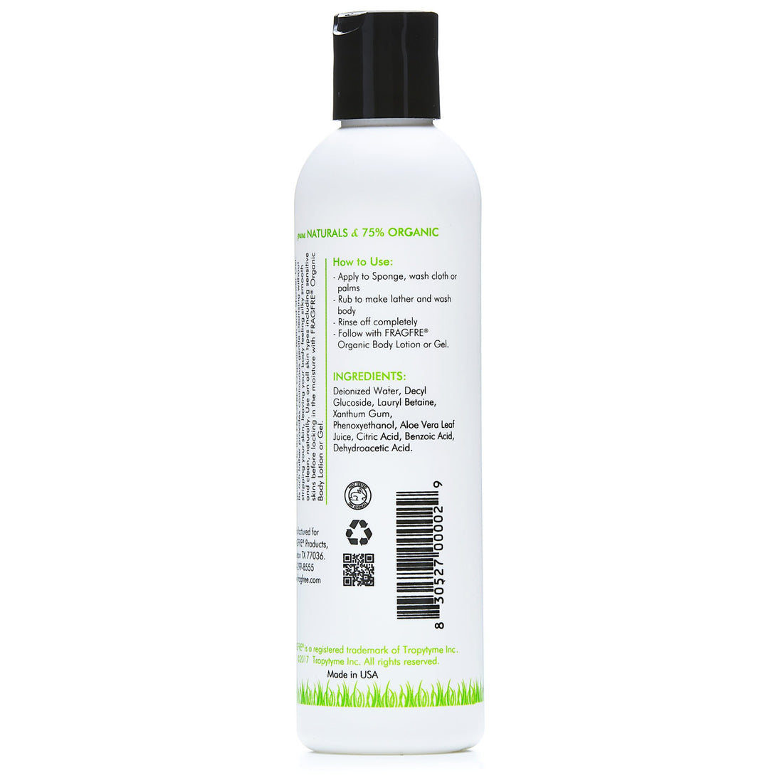 FRAGFRE Organic Shower Gel 8 oz - Fragrance Free Sulfate Free Parabens Free - for Normal and Dry Sensitive Skins - Gluten Free Vegan Cruelty Free - Organic Aloe Vera Bath Shower Gel - pure Natural