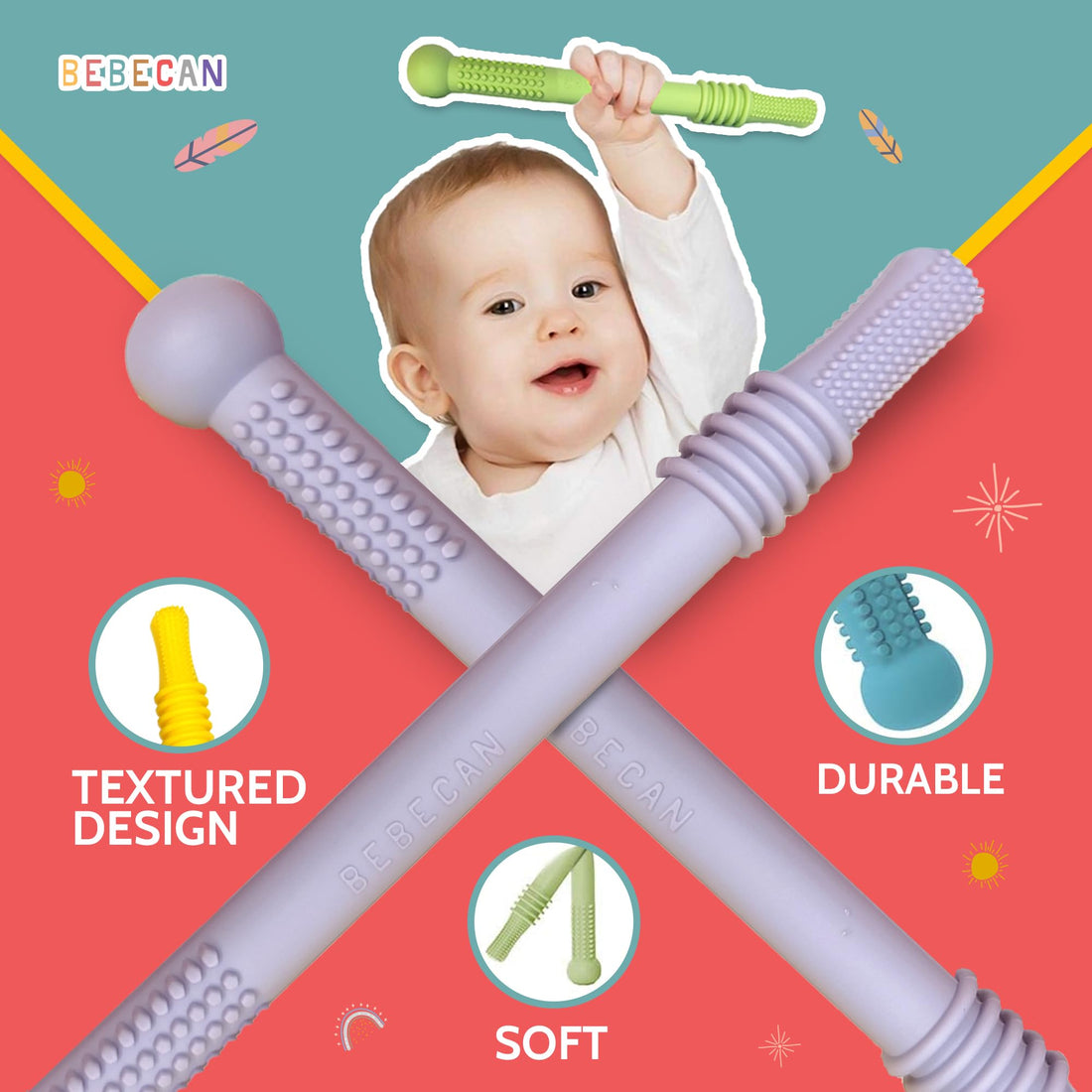 BEBECAN Teething Sticks for Babies 0-36 Months - Super Soft Silicone Teethers in 6 Vibrant Colors, Infant Teething Relief, Multicolored Teething Tubes Baby Gift Teethers