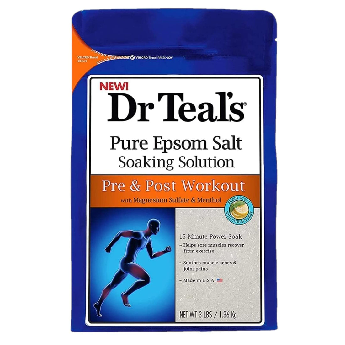 Dr. Teals Pre & Post Workout Epsom Salt Soaking Solution (4 Pack, 3lbs Ea.) - Essential Oils Blended with Pure Epsom Salt & Menthol - Eases Aches & Soreness, Alleviates Daily Stress - At Home Recovery